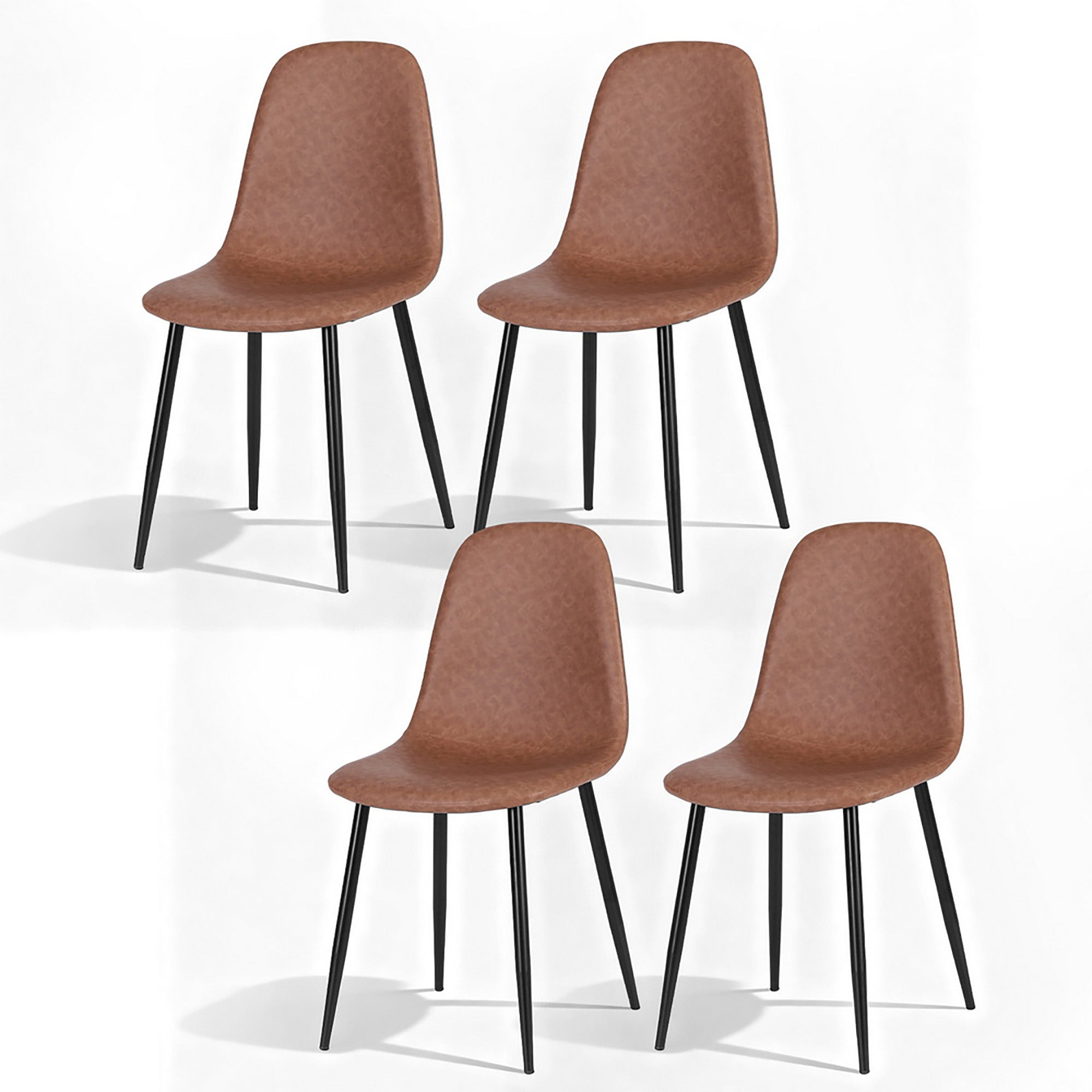 Set of retro dining chairs with brown PU leather seats and black metal legs.