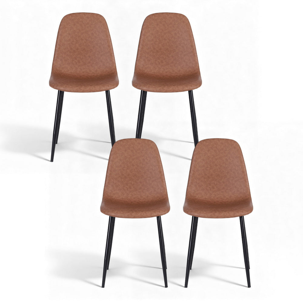 Four retro dining chairs with brown upholstered seats, curved backs, and black metal legs.