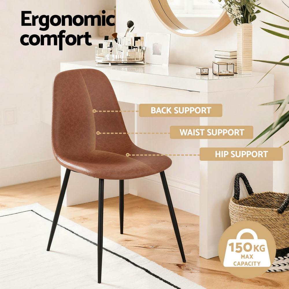 Brown upholstered dining chair with curved back and contoured seat on black metal legs.