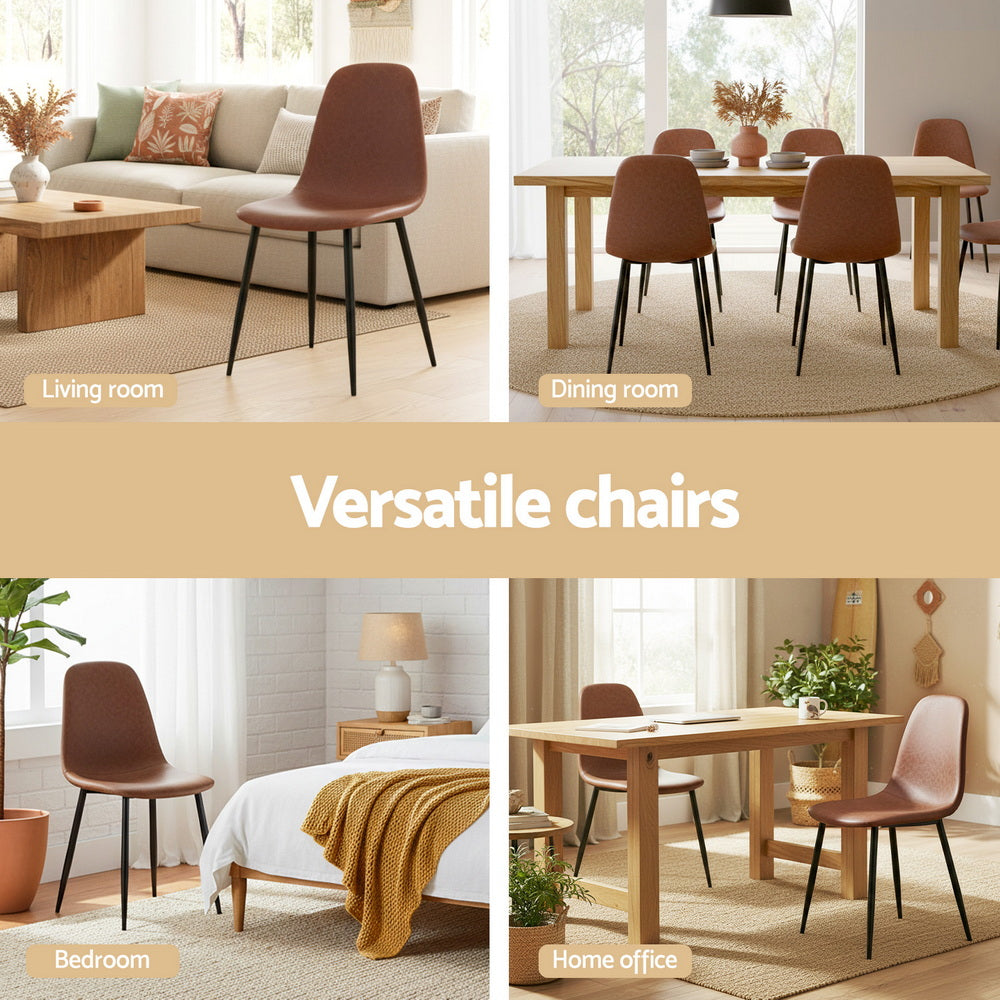 Brown upholstered dining chair with curved back and slim black metal legs.