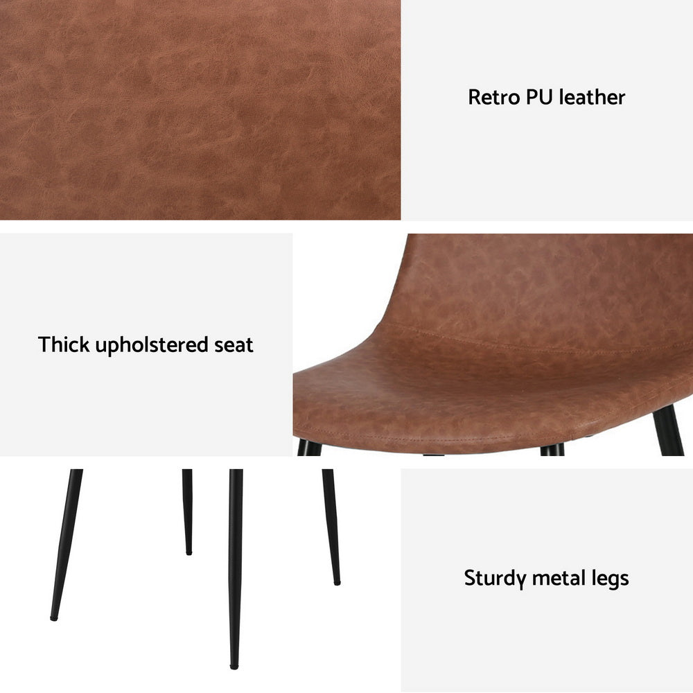 Brown retro PU leather chair with thick upholstered seat and sturdy black metal legs.
