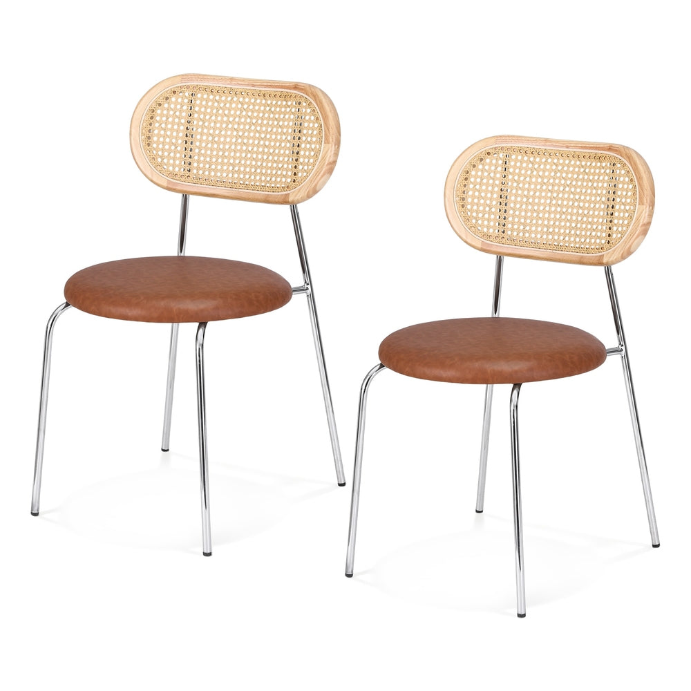 Dining chairs set with woven rattan-style backrests, brown round seats, and chrome legs