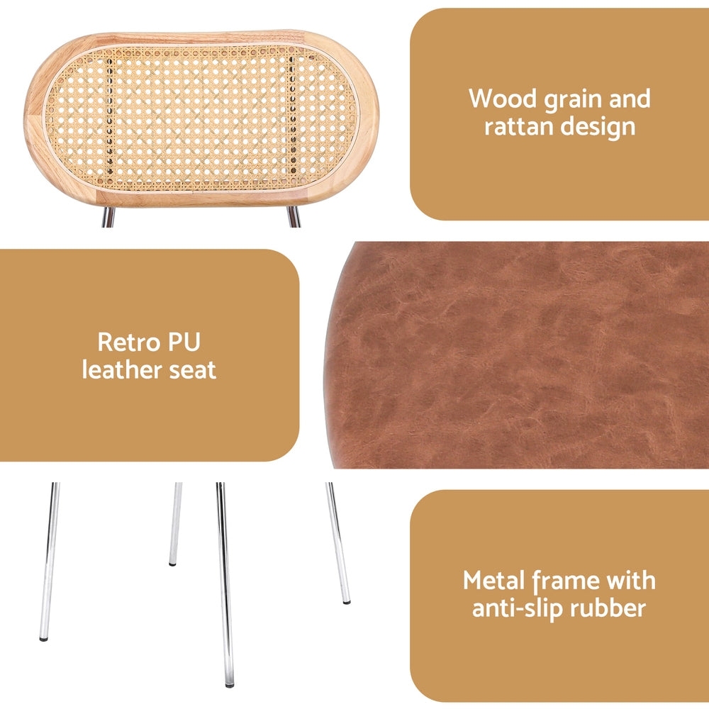Dining chair details: woven rattan-style back, brown PU-style seat, chrome anti-slip legs