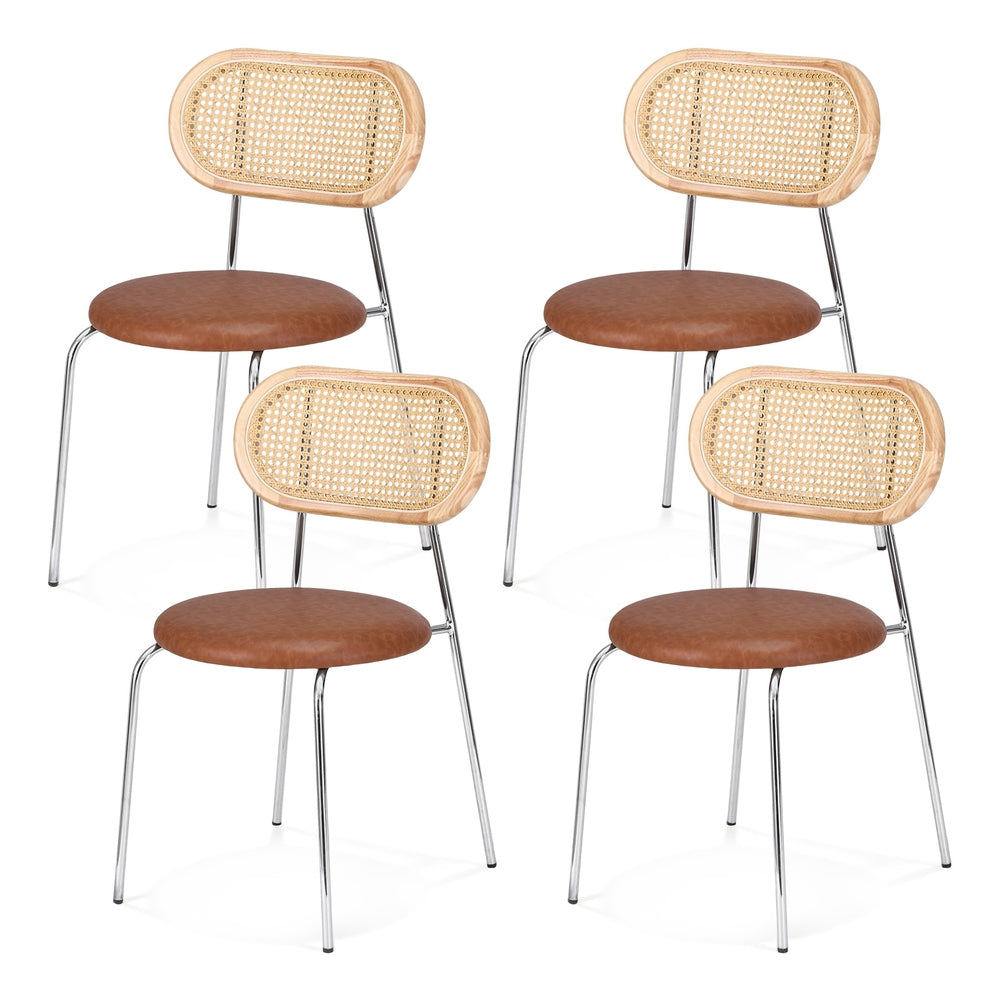 Set of four dining chairs with rattan-style backs, brown round seats, chrome metal legs.