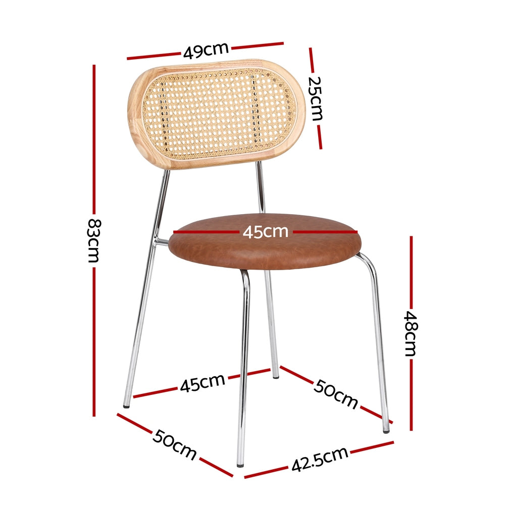 Brown round-seat dining chair with rattan-style backrest and chrome metal legs.