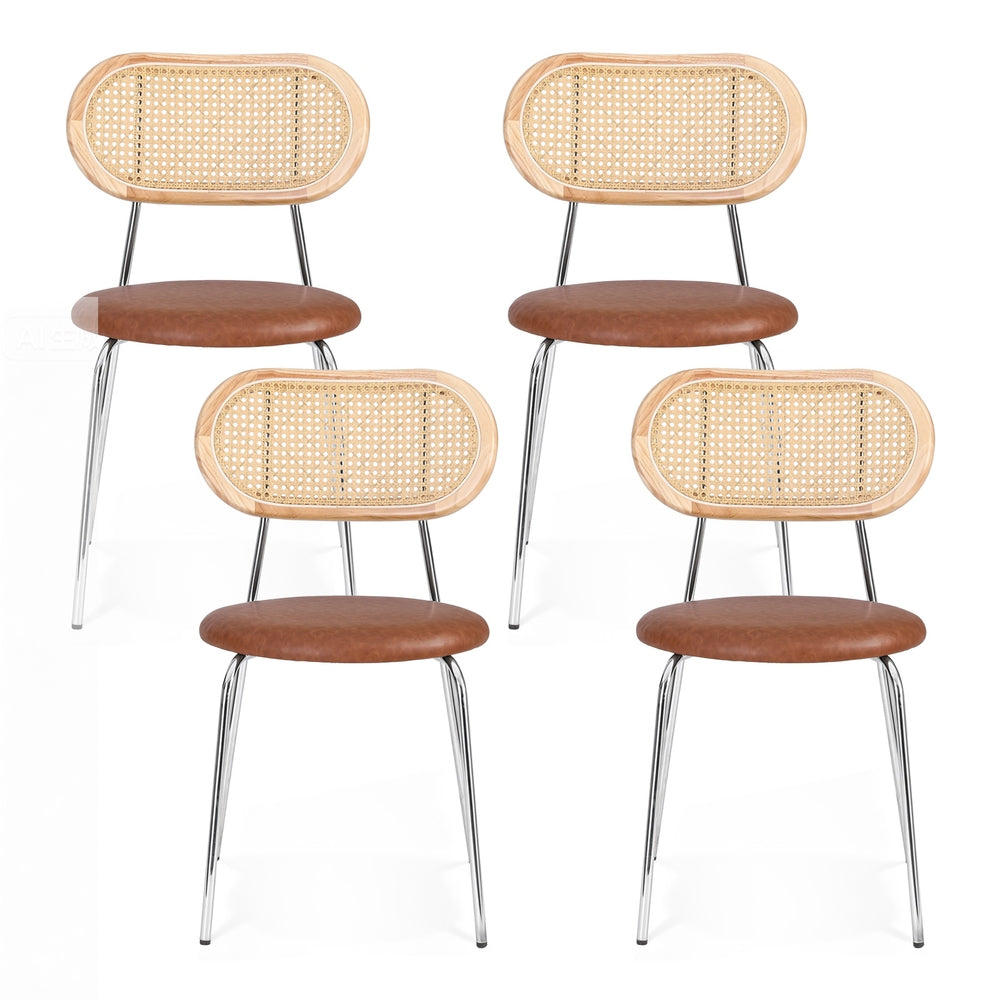 Set of four dining chairs with rattan-style backrests and brown upholstered round seats.