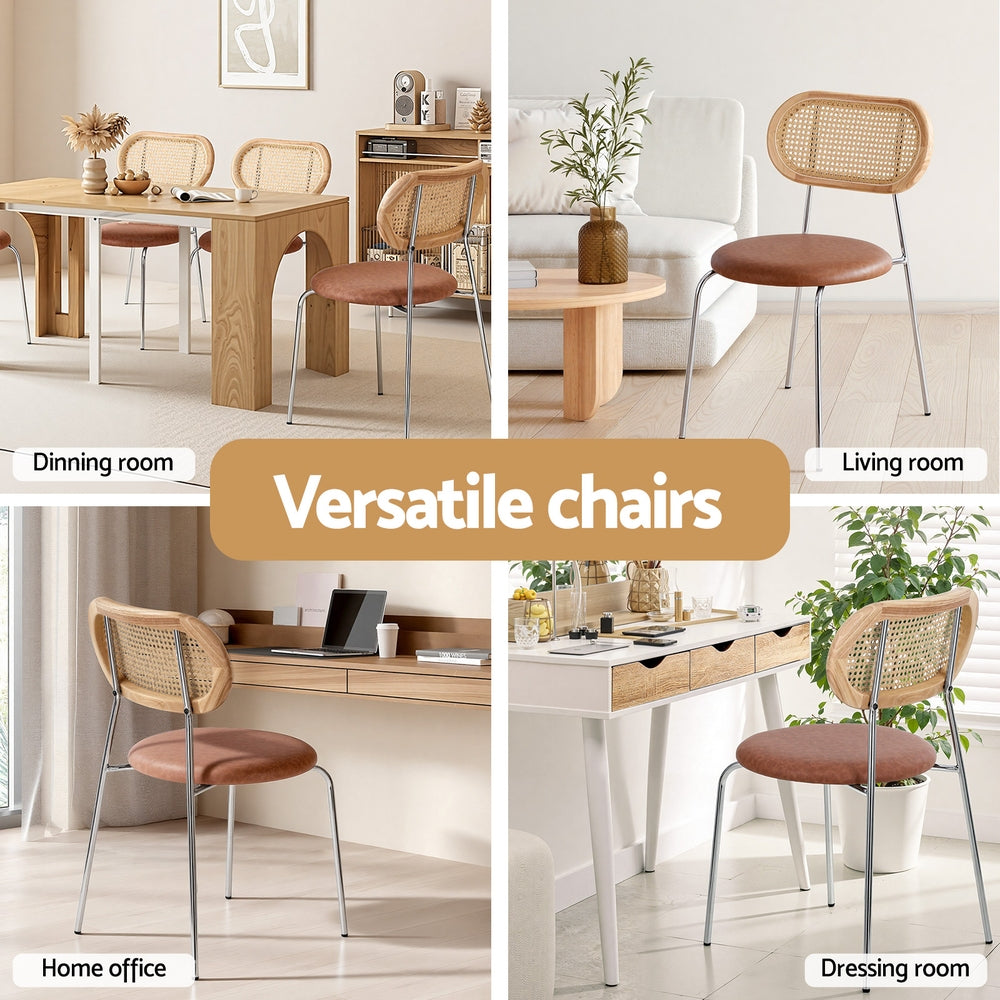 Set of dining chairs with rattan-style backs and brown round upholstered seats, chrome legs.