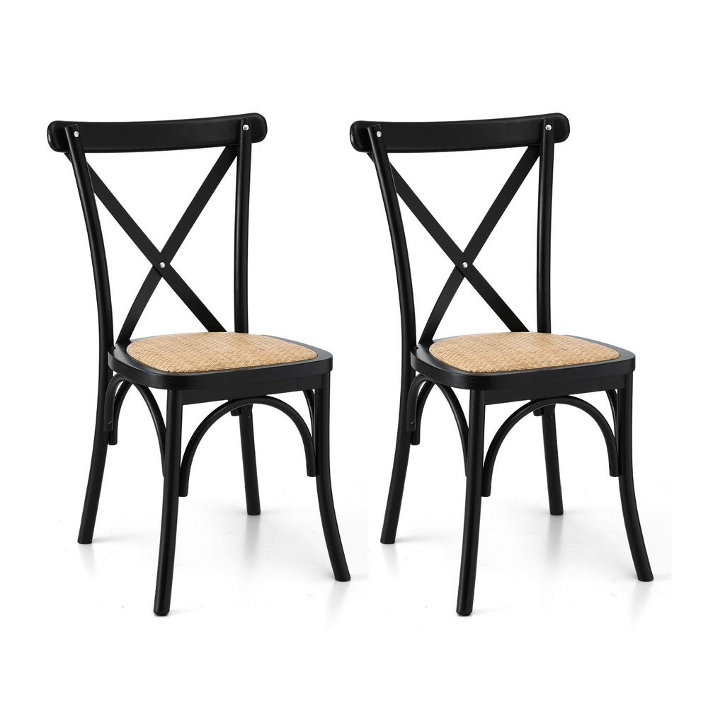 Dining chair set of 2 with black X-back frames and woven rattan-style beige seats.