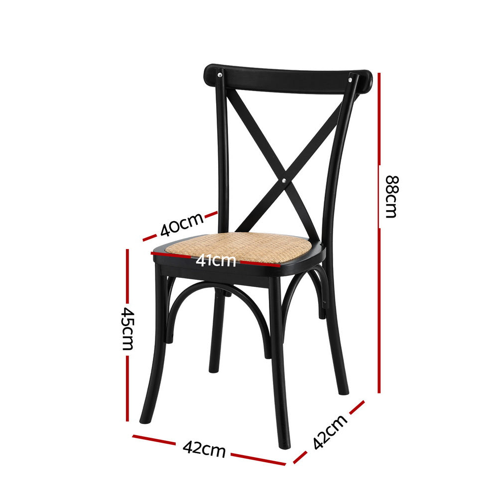 Black dining chair with woven rattan seat and X-back, size diagram.