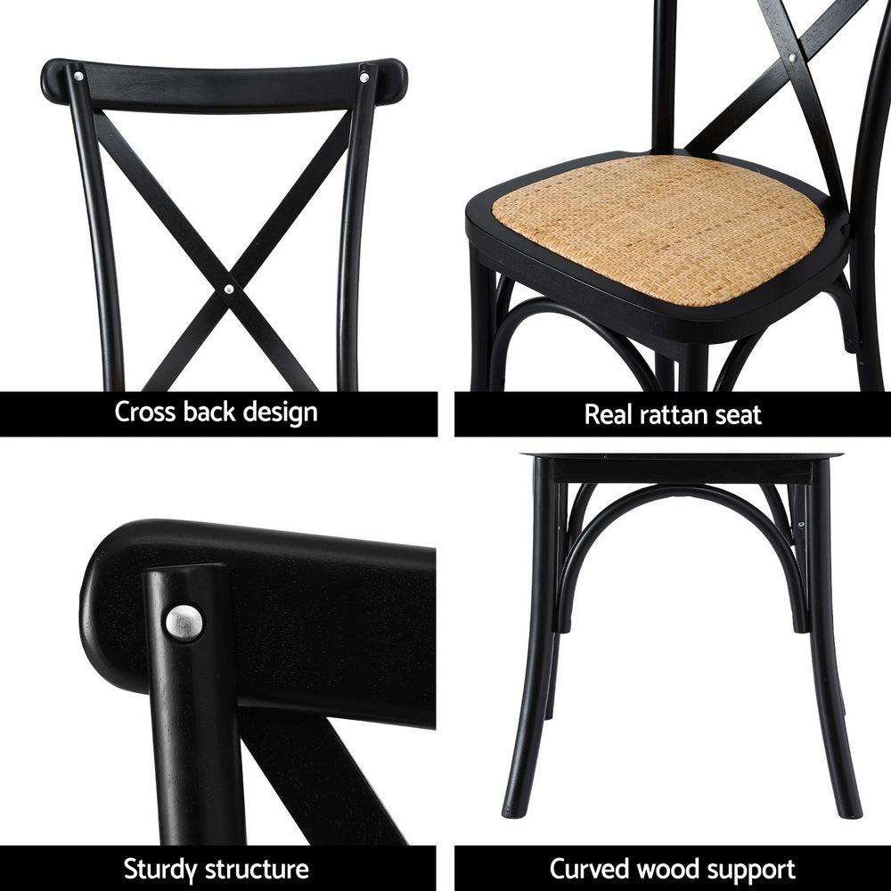 Black dining chair details: X-back frame and woven rattan-style seat.