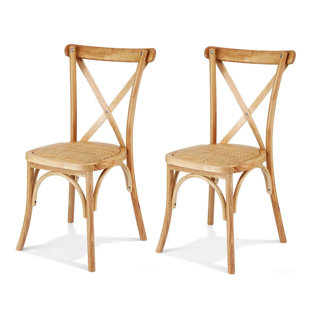 Wood dining chair with woven seat and cross-back slat frame
