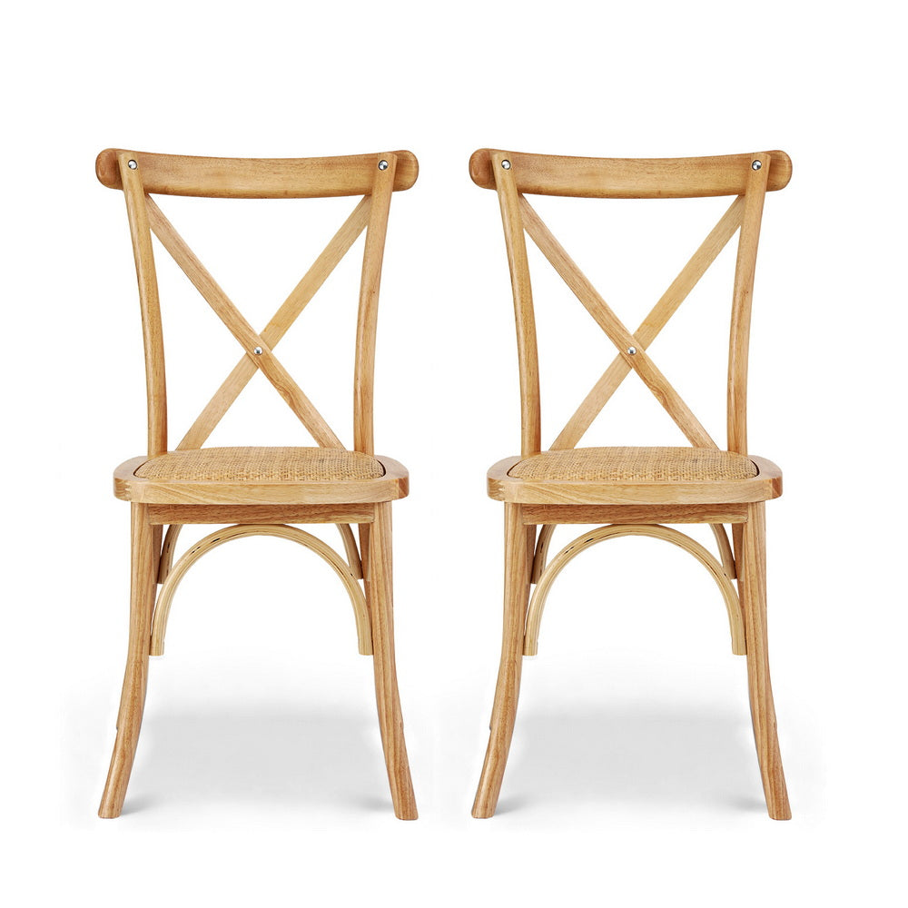 Pair of wood dining chairs with woven round seats and cross-back frames