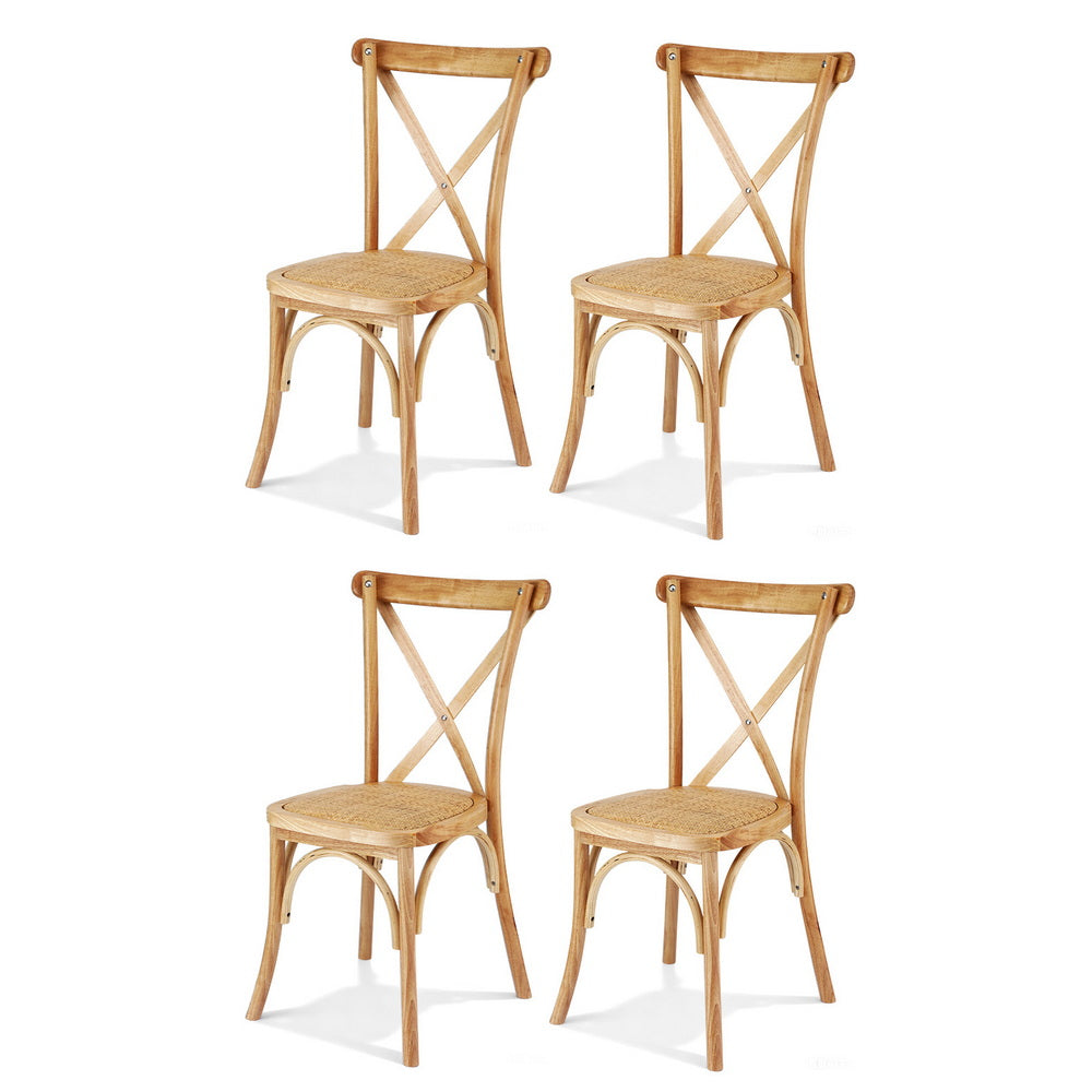Set of 4 wooden dining chairs with cross-back design and woven rattan seats