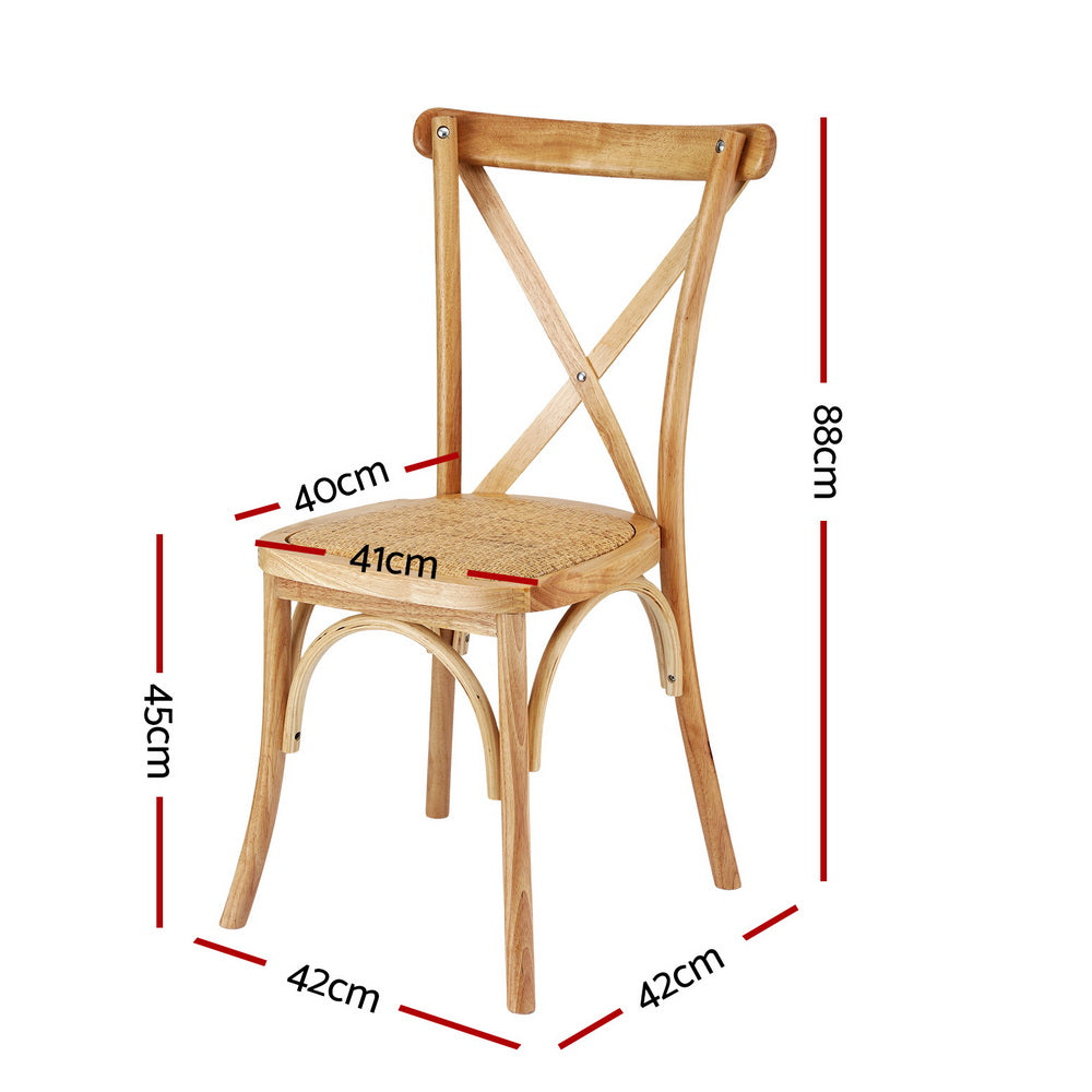 Wooden dining chair with cross-back and woven rattan seat, shown with height and width markings