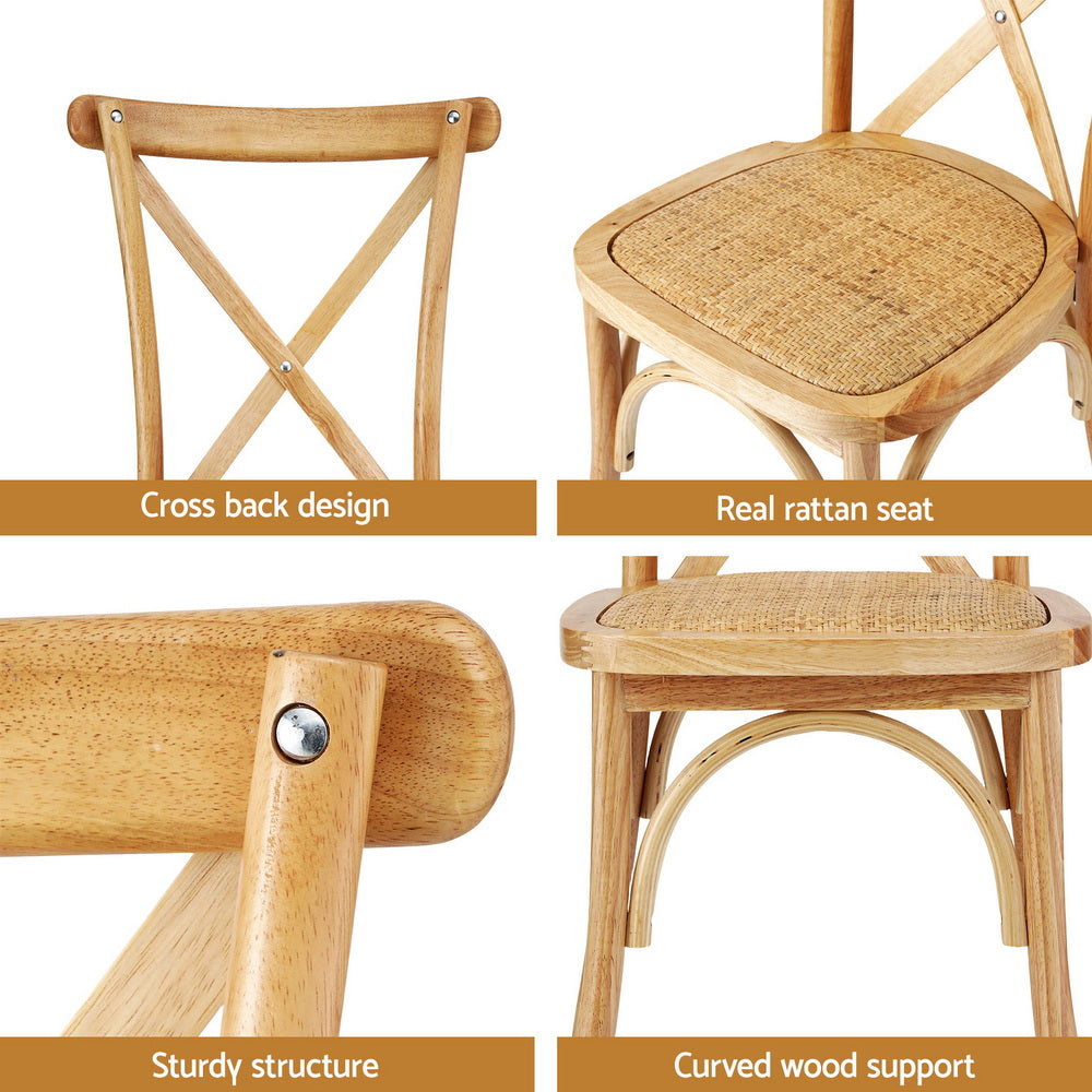 Cross-back wooden chair with woven rattan seat and rounded wood supports