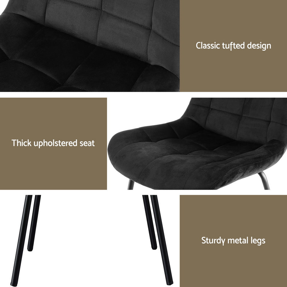 Black velvet tufted seat and backrest with thick cushioning and sturdy black metal legs