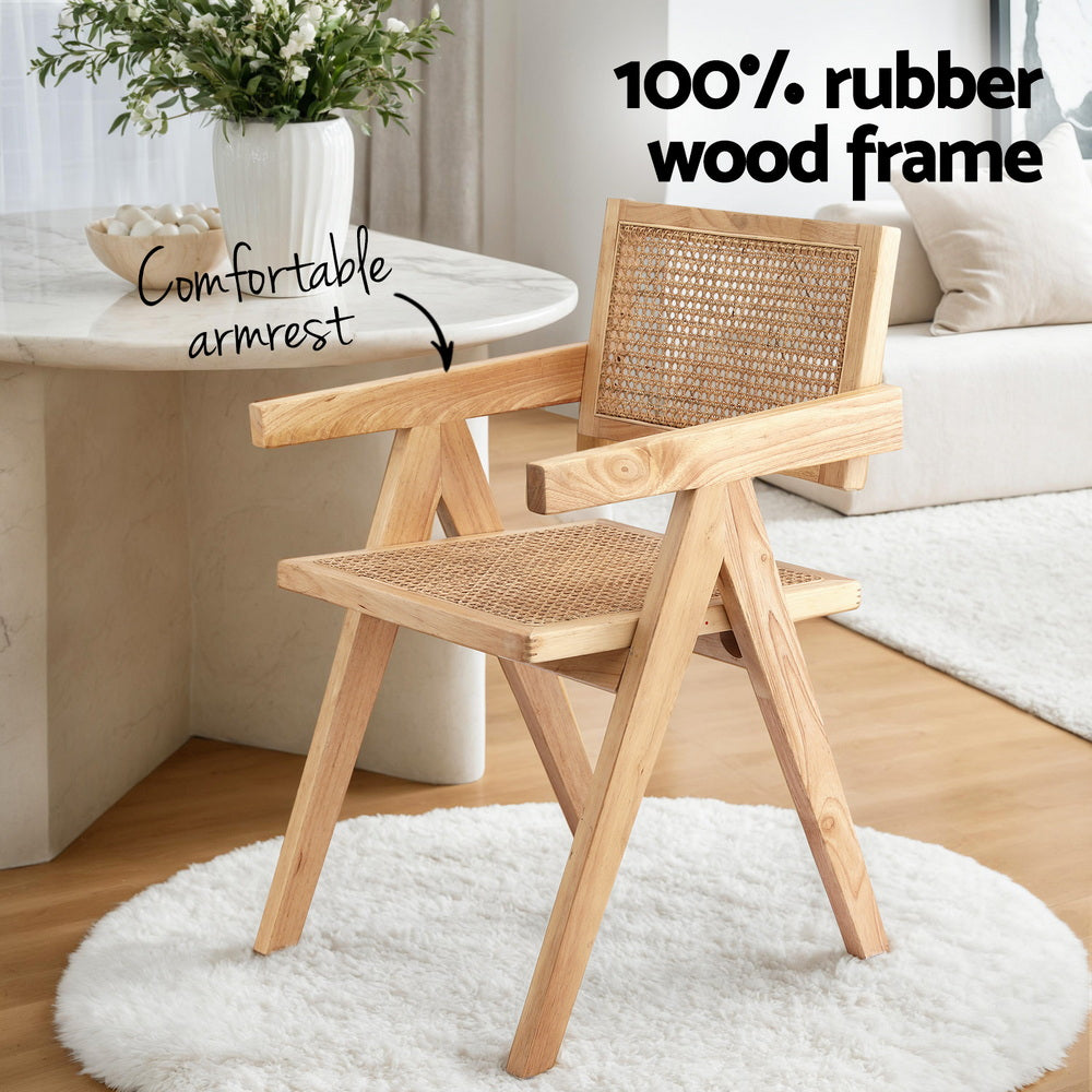 Artiss 2x Dining Chairs Wooden Rattan Seat Rubber Wood Frame