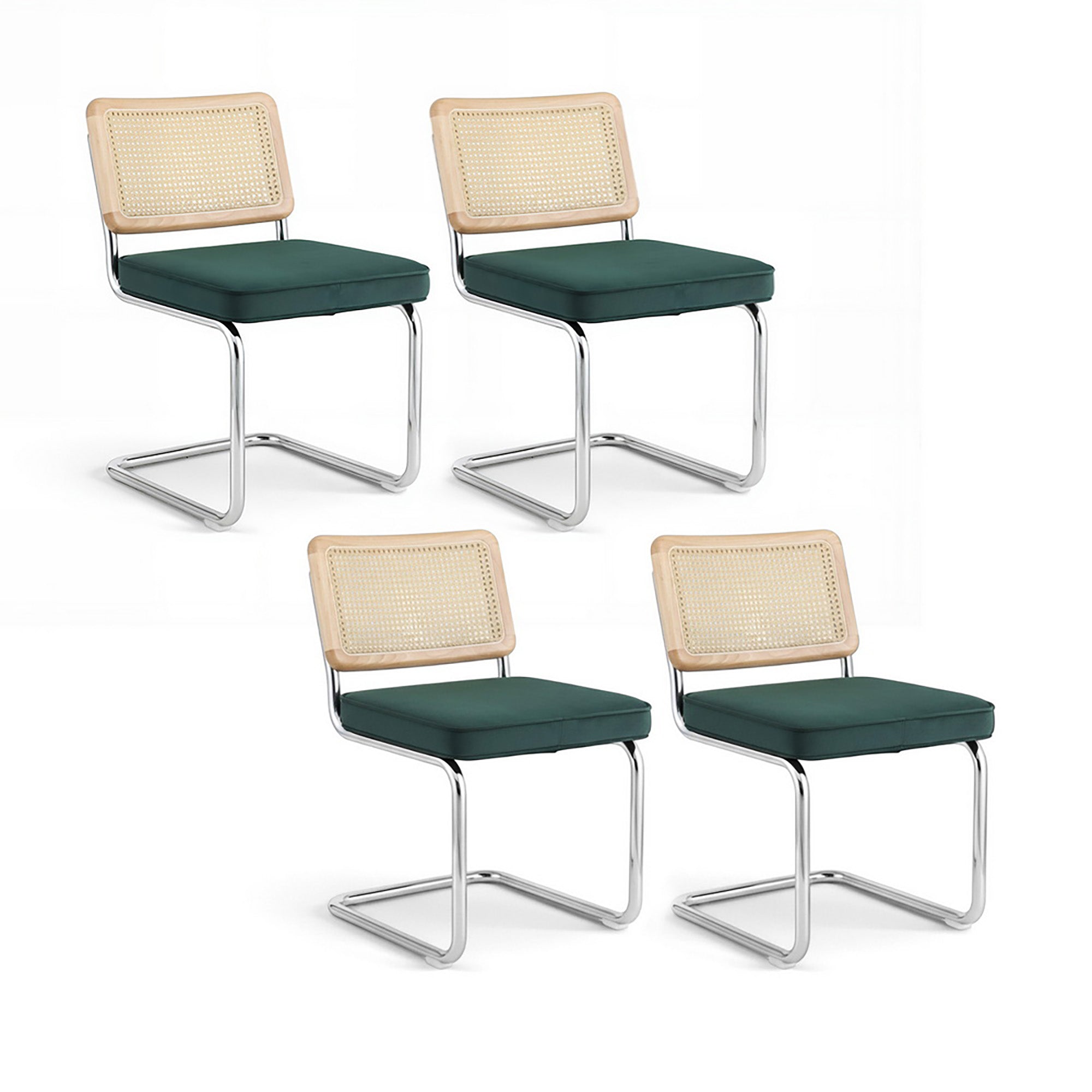 Set of 4 cantilever dining chairs with green velvet seats and woven rattan backs