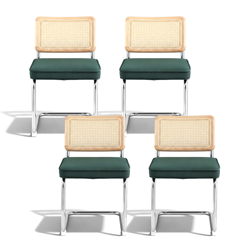 Set of 4 cantilever dining chairs with green seats, woven rattan backrests, chrome frames