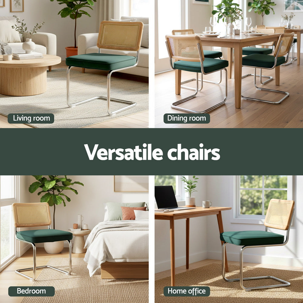 Velvet rattan cantilever chair with green seat and beige woven back, chrome cantilever legs
