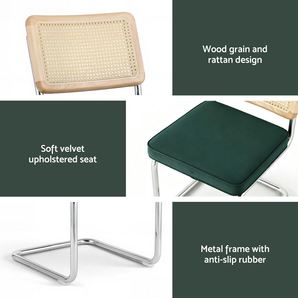 Rattan back and dark green velvet seat on chrome cantilever metal frame