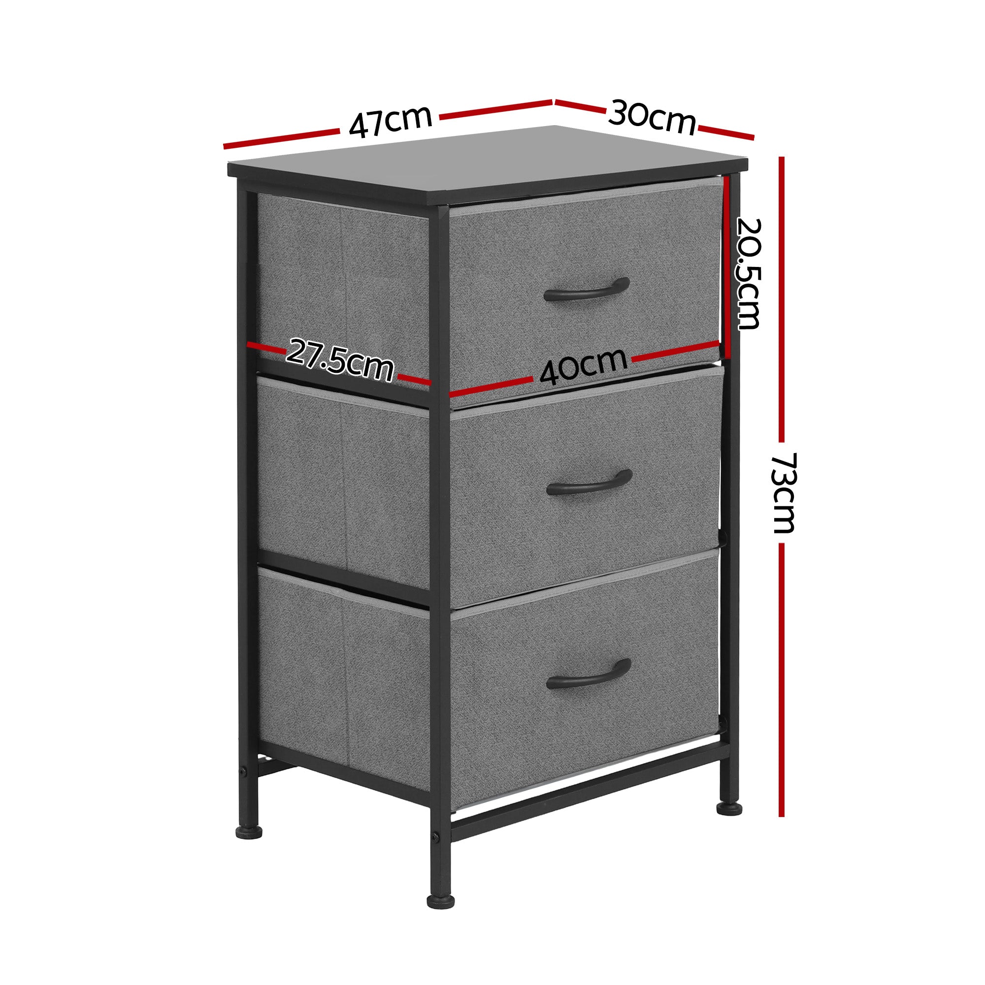 Grey 3-drawer storage dresser with dimensions and curved drawer handles