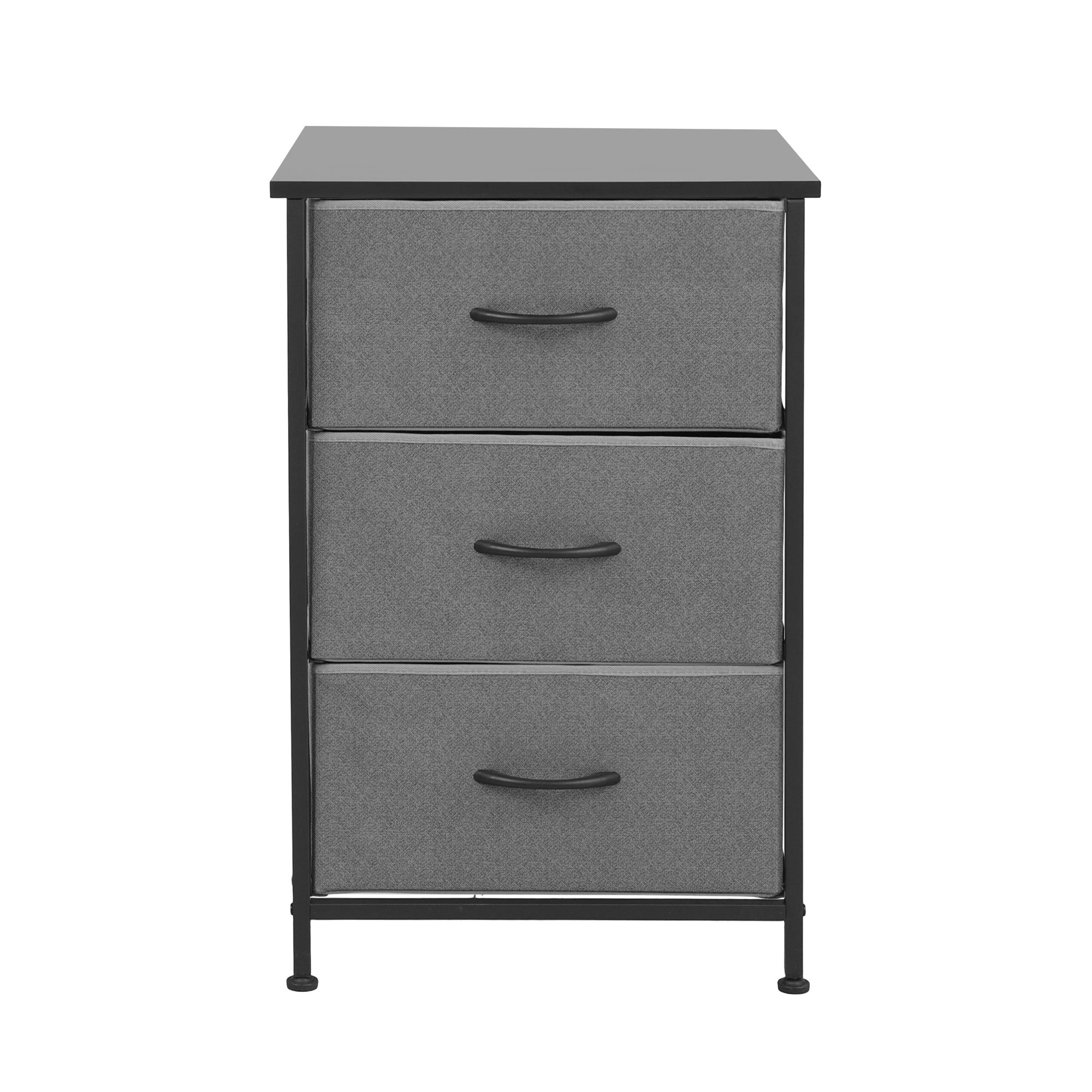 Grey fabric 3-drawer storage dresser with curved handles and black legs