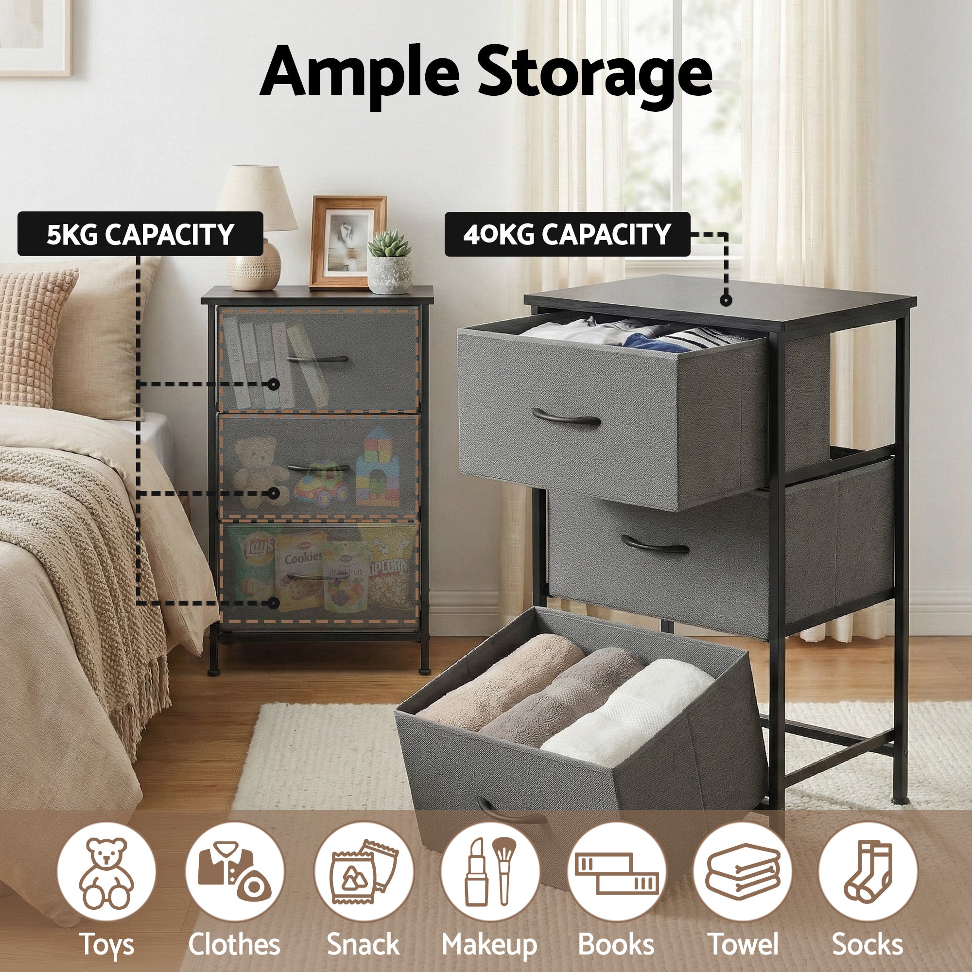 Grey 3-drawer storage dresser shown for organizing items with open top space