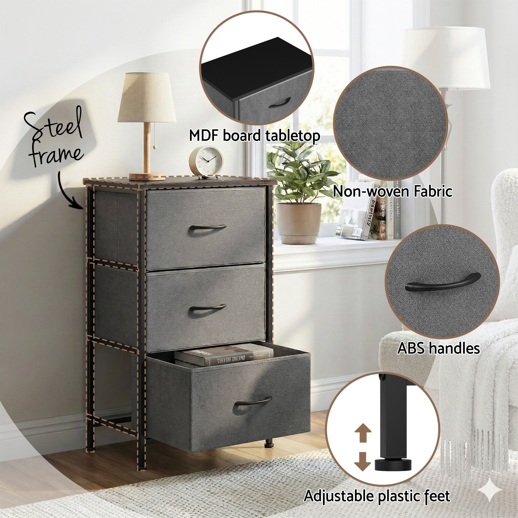 Grey fabric storage dresser featuring steel frame, ABS handles, and adjustable feet