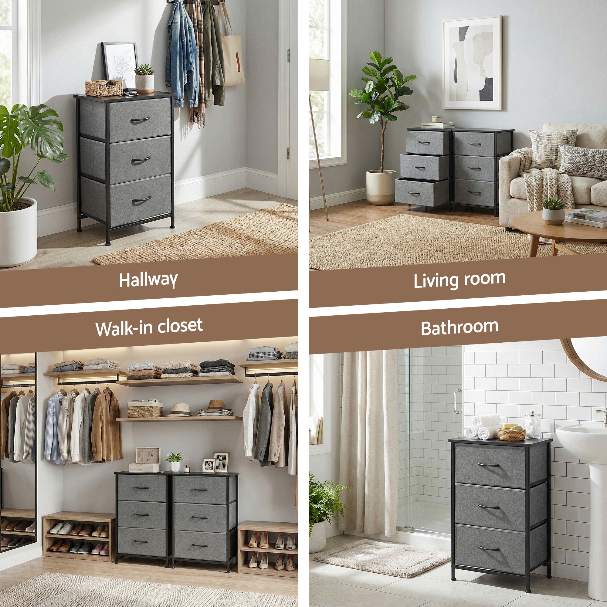 Grey 3-drawer storage dresser displayed in hallway, living room, walk-in closet, and bathroom