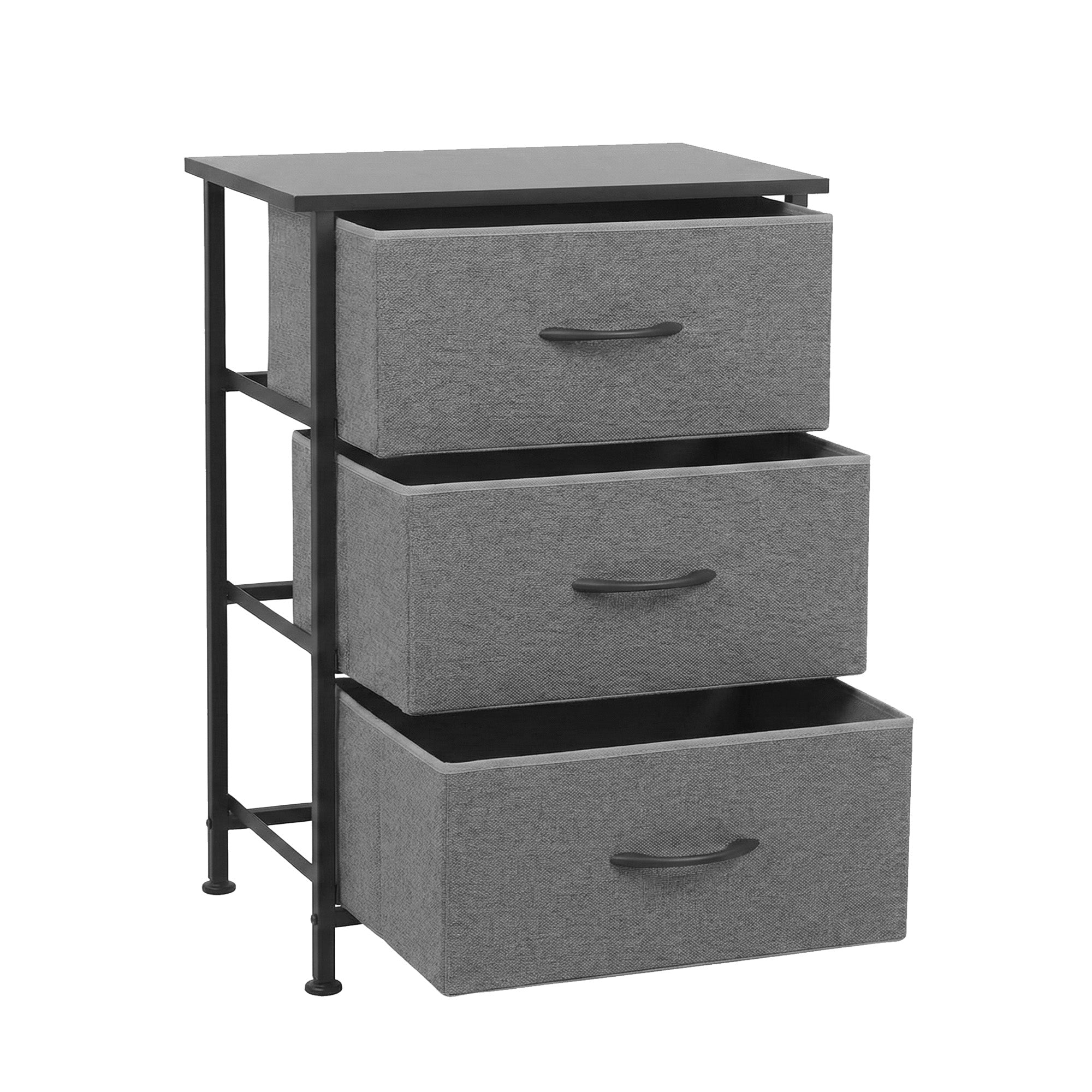 Grey fabric 3-drawer dresser with open drawers and curved metal handles