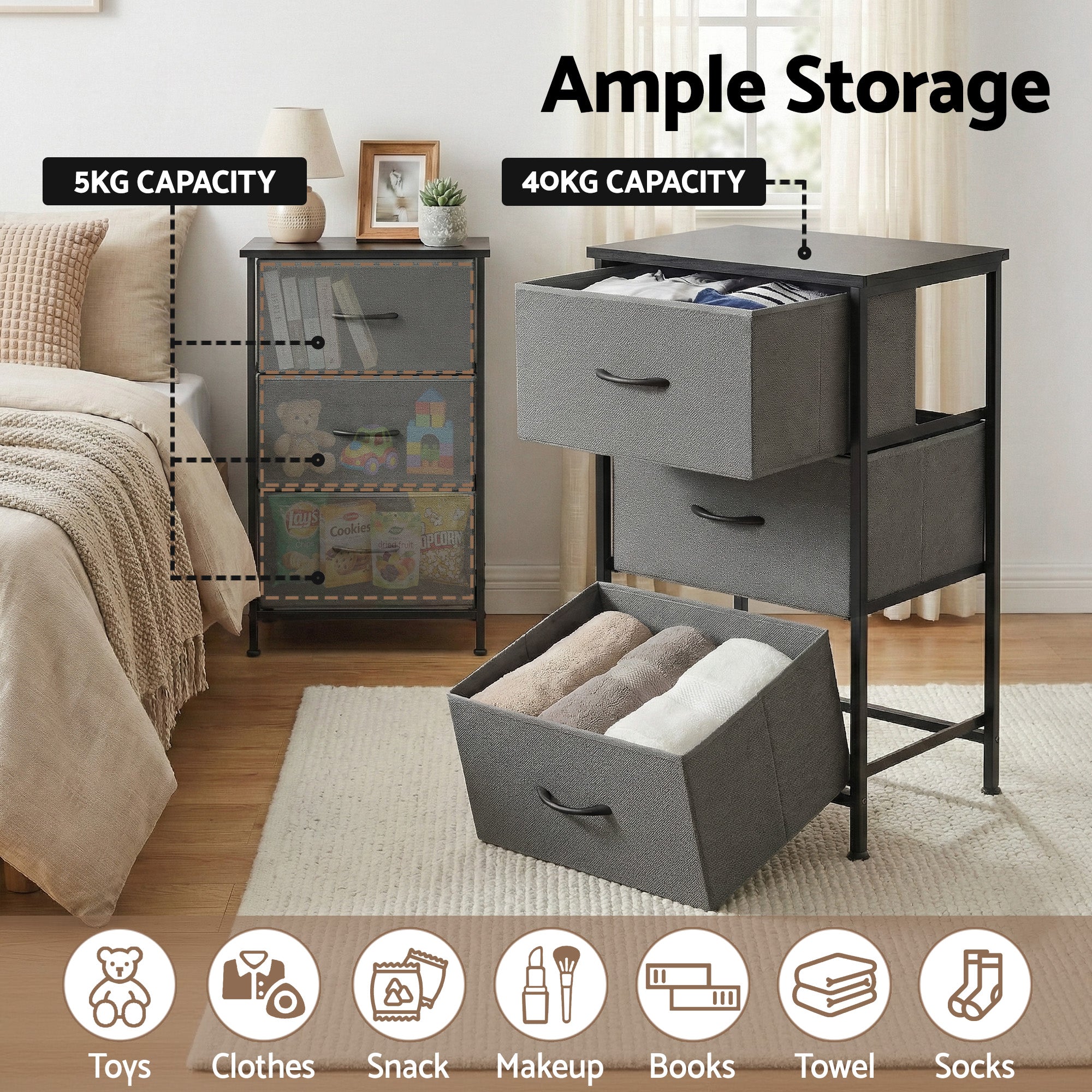 Artiss Set of 2 Chest of 3 Drawers Storage Dresser Tallboy Grey Bedworld