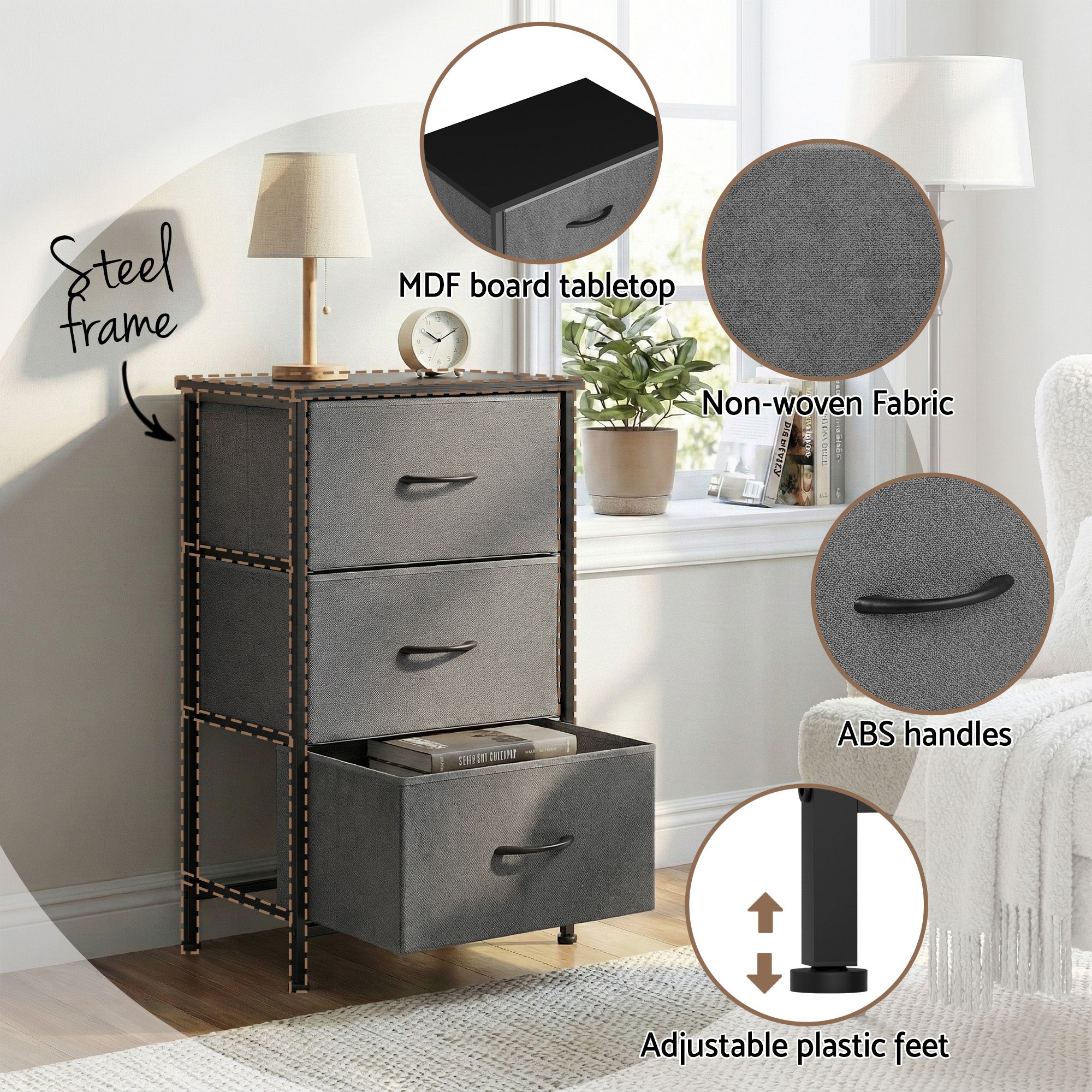 Artiss Set of 2 Chest of 3 Drawers Storage Dresser Tallboy Grey Bedworld