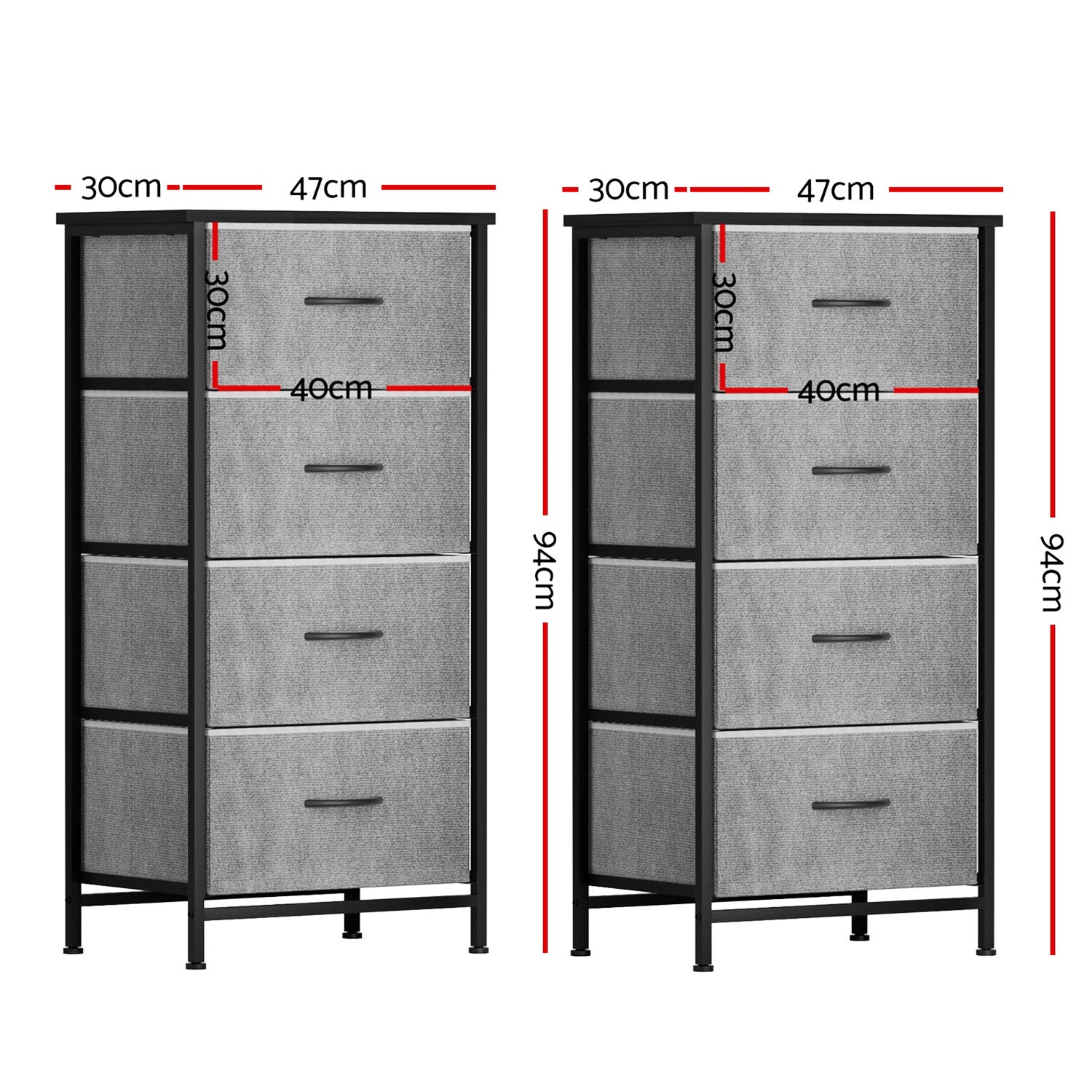 Artiss Set of 2 Chest of 4 Drawers Storage Dresser Tallboy Grey