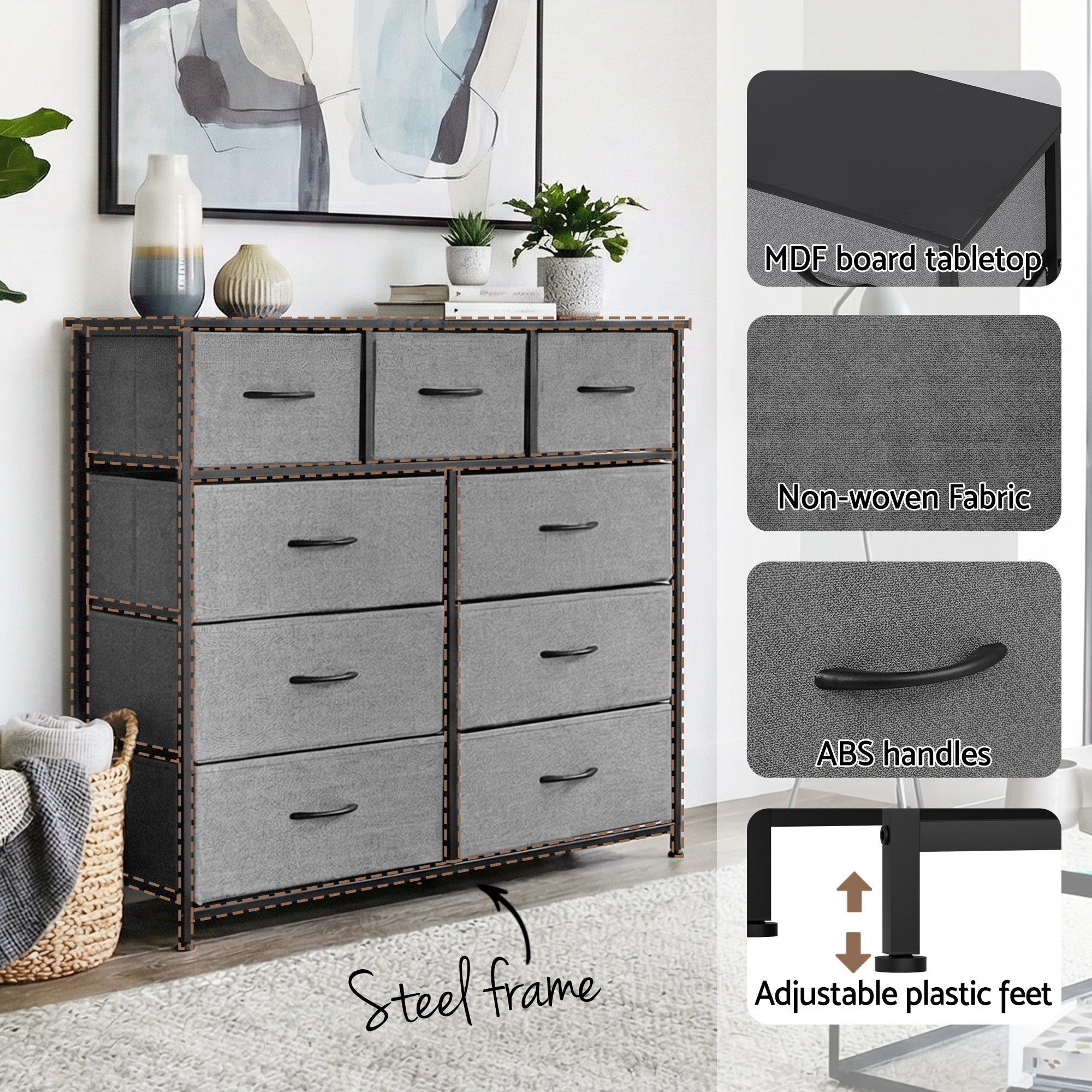 Artiss Chest of 9 Drawers Storage Dresser Tallboy Dark Grey Bedworld