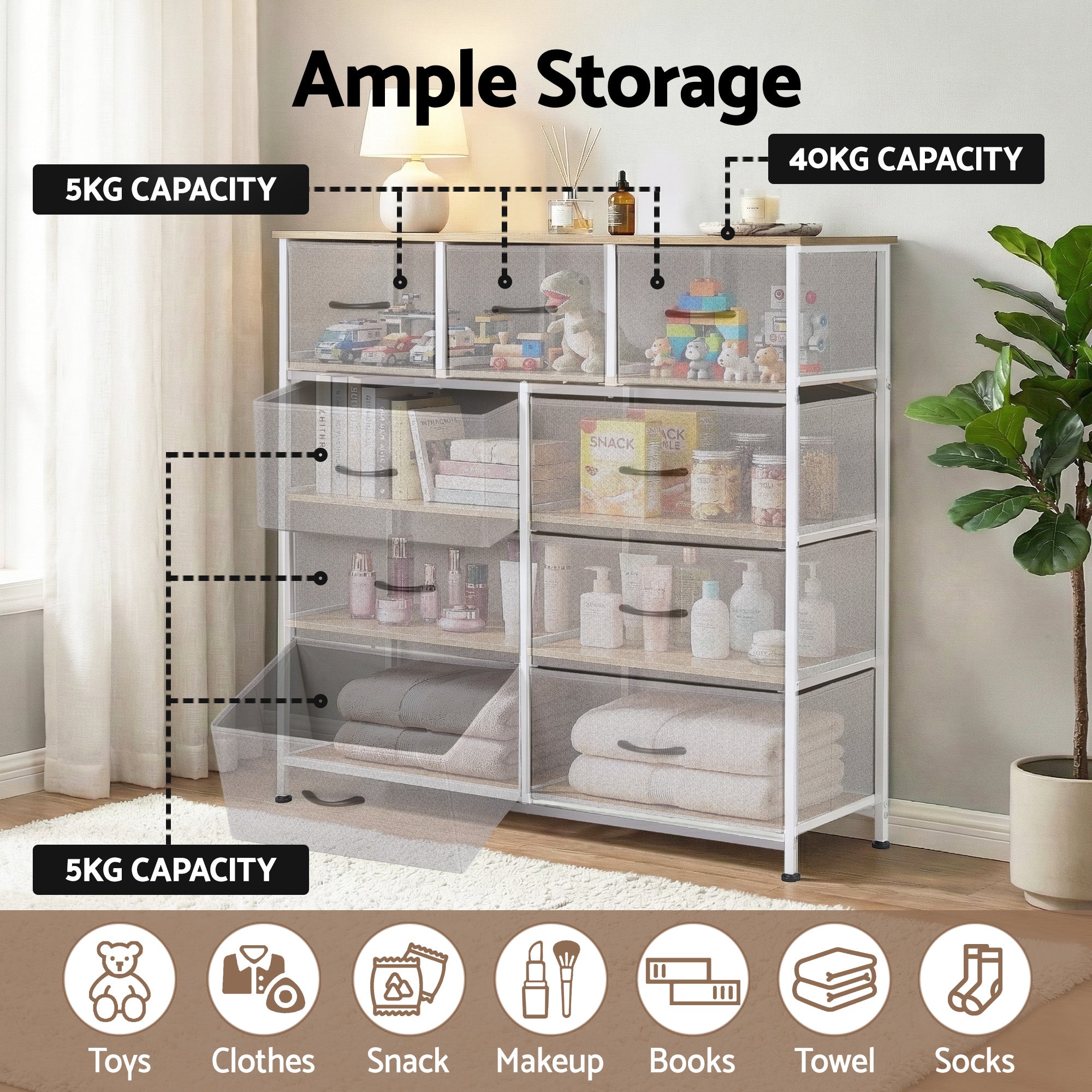 Artiss Chest of 9 Drawers Storage Dresser Tallboy Light Grey Bedworld