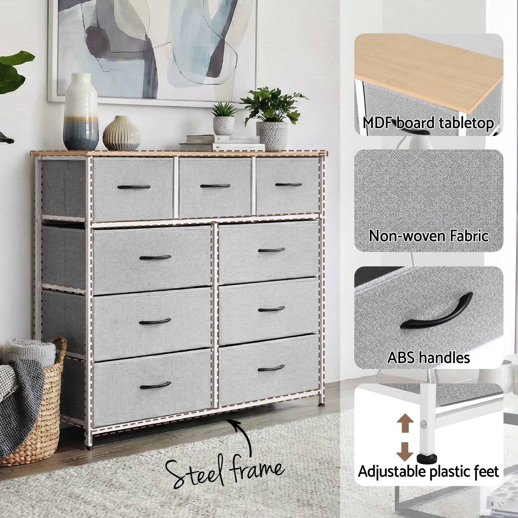 Artiss Chest of 9 Drawers Storage Dresser Tallboy Light Grey Bedworld