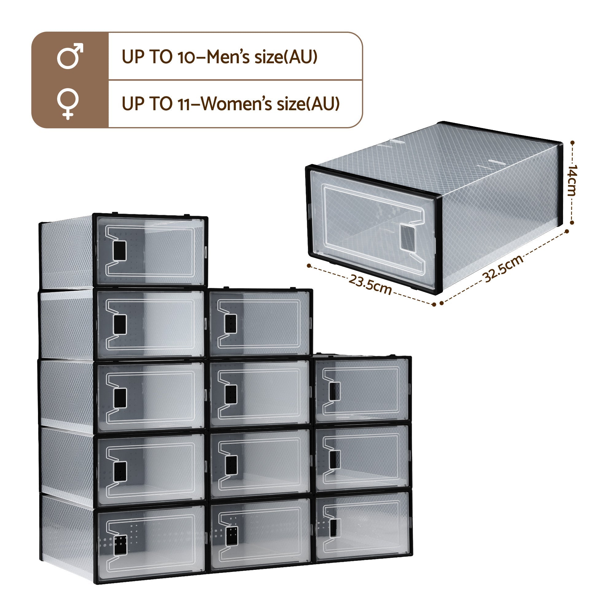 Stackable shoe storage boxes with clear fronts and size diagram, showing multiple compartments
