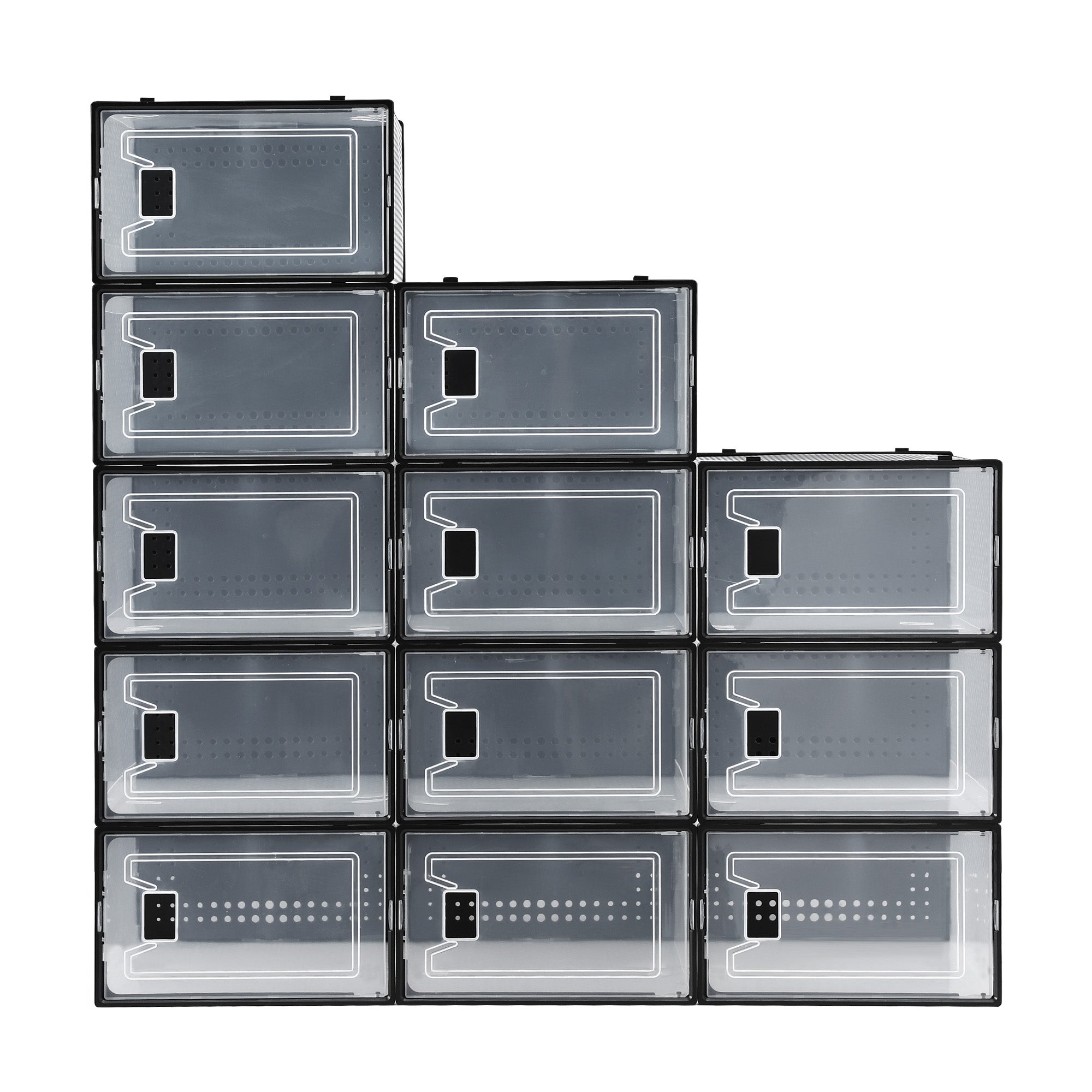 Black shoe storage organizer with 12 clear front boxes, closed and stacked in a grid