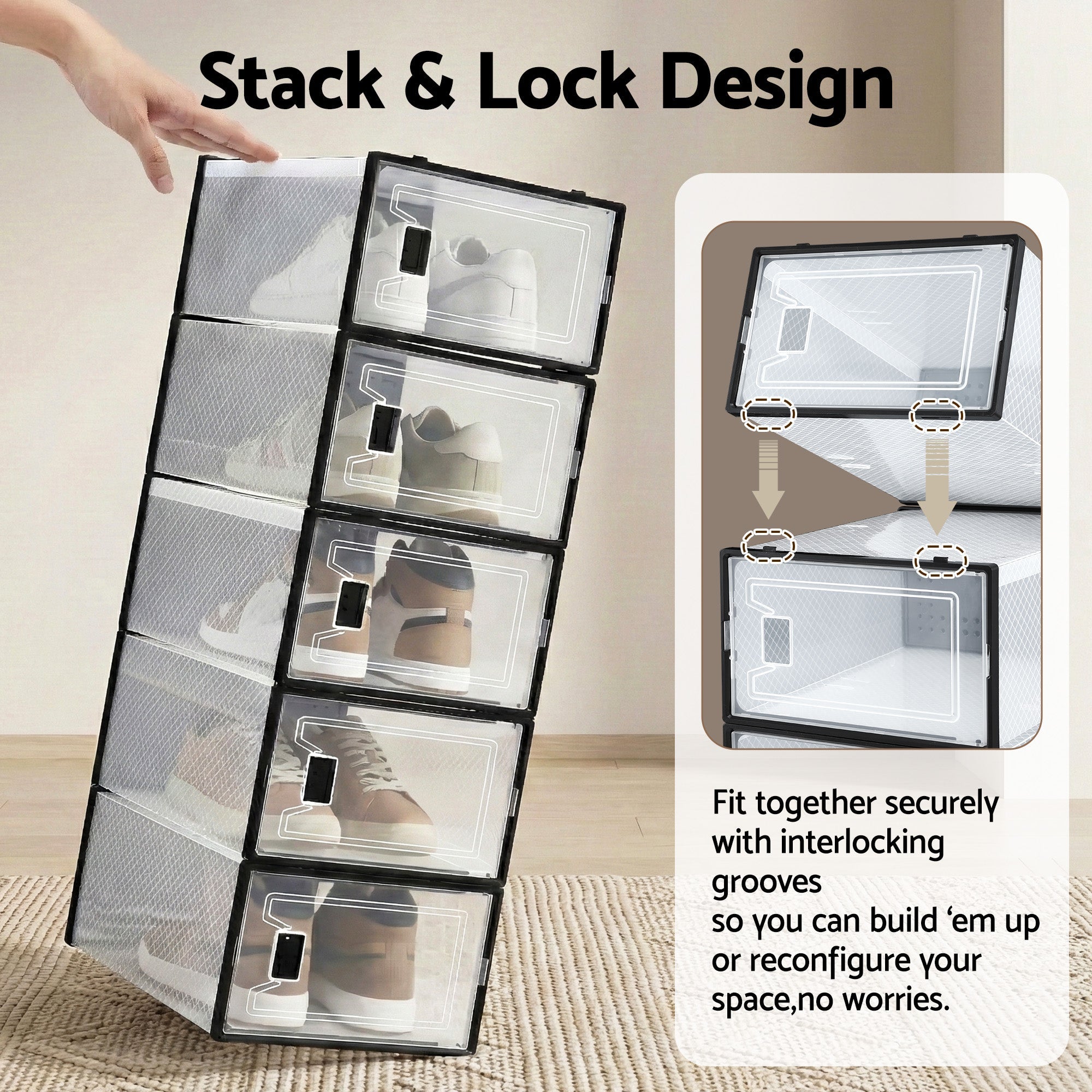 Stackable shoe storage boxes with transparent doors, shown open for easy access