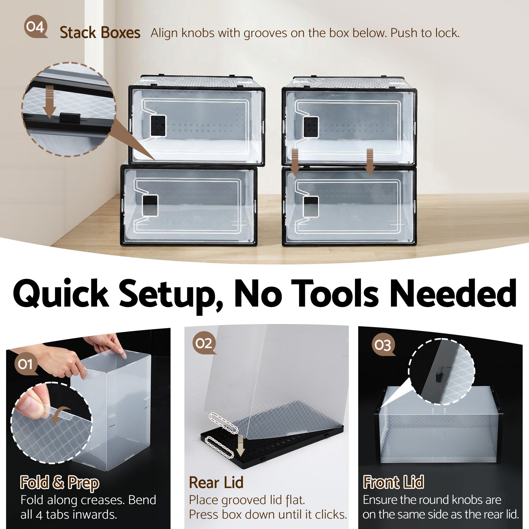Shoe storage box setup guide showing folding and locking steps for stacked boxes