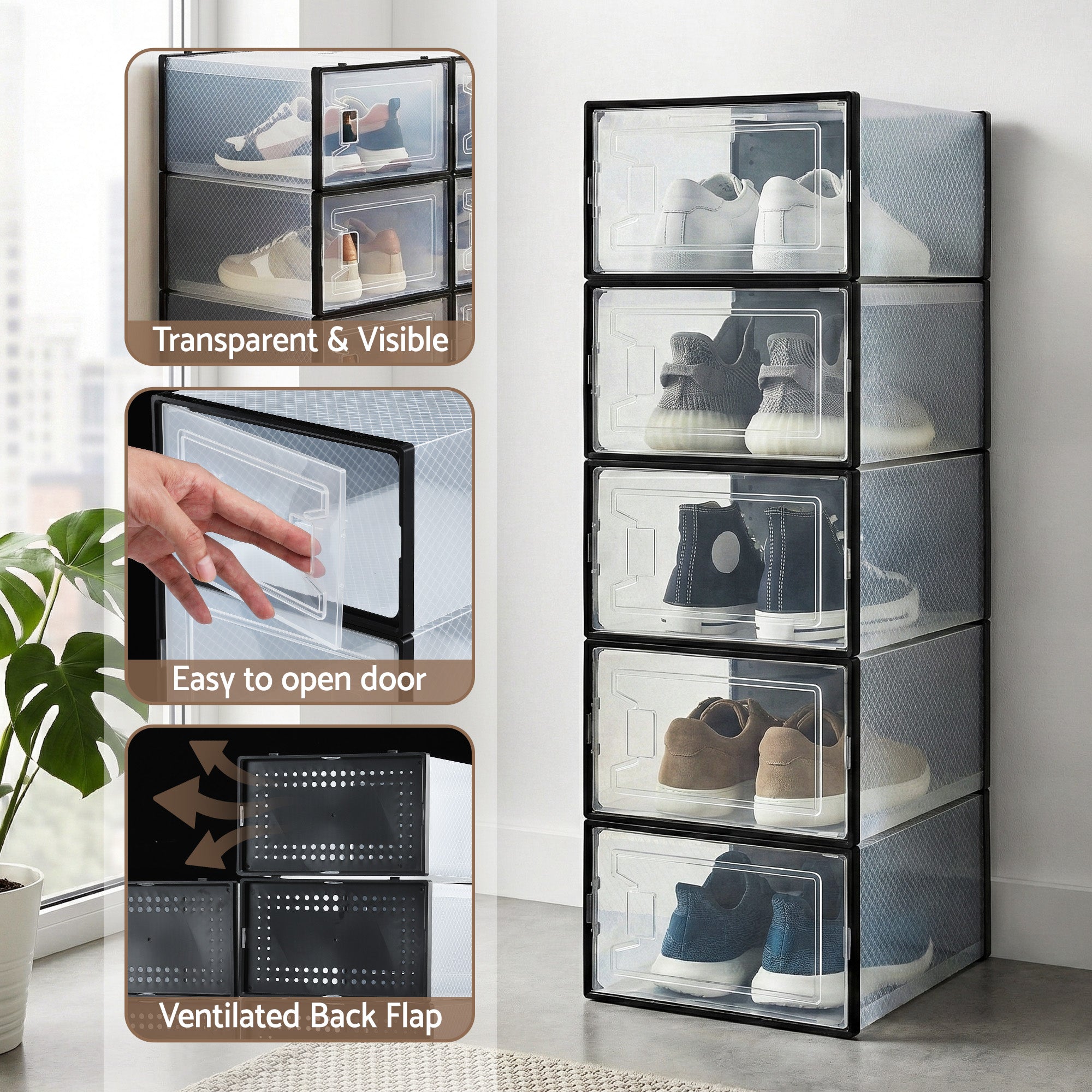 Shoe storage box set with transparent doors, stacked compartments with visible shoes inside
