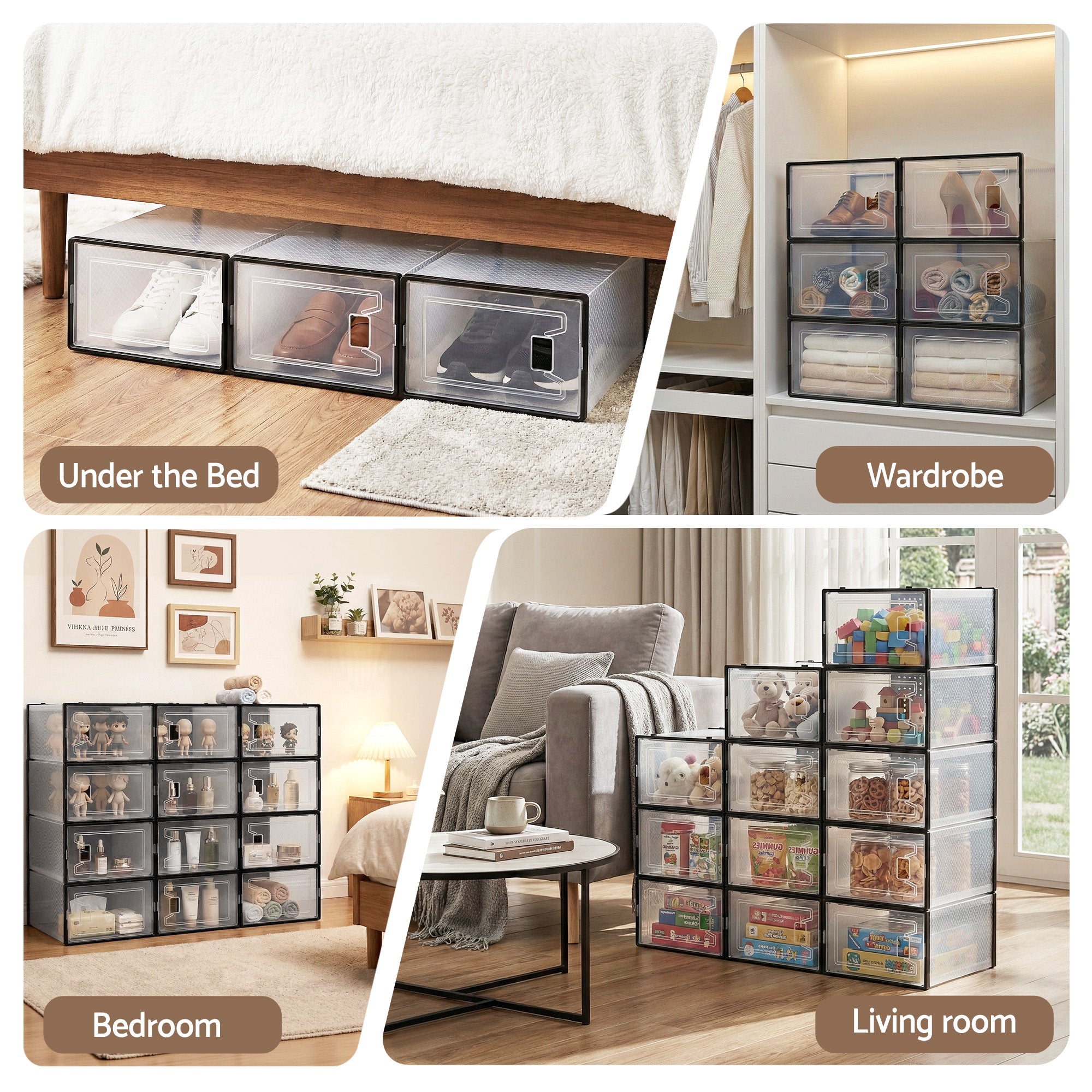 Stackable shoe storage boxes displayed in under-bed, wardrobe, bedroom, and living room uses