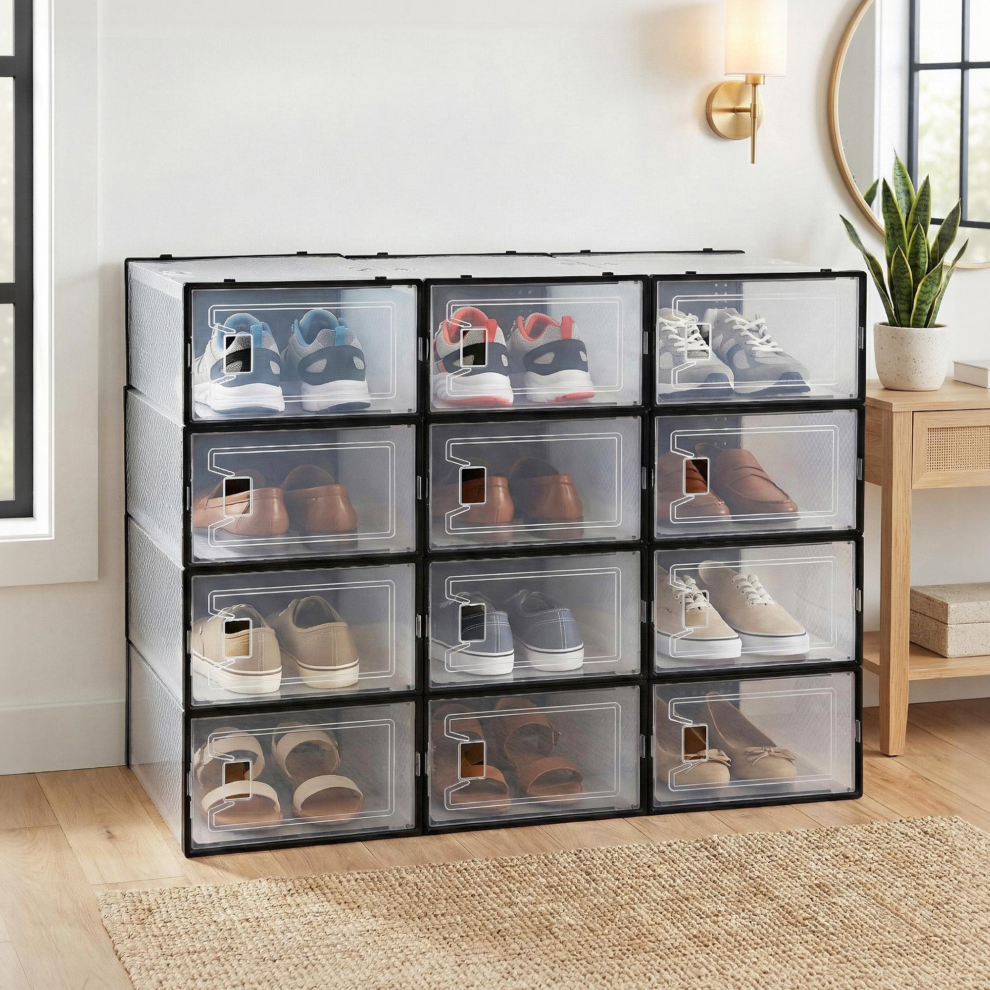 Shoe storage organizer with 12 clear front compartments and black frame, filled with shoes
