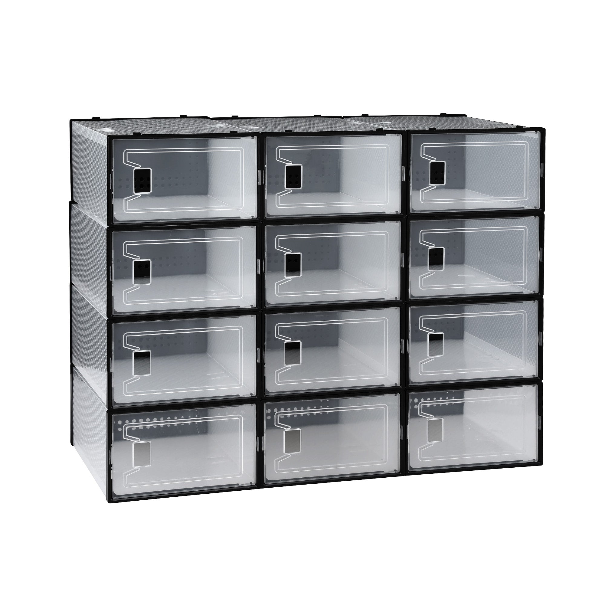 Shoe storage box set with black frame and 12 clear front compartments, empty and stacked
