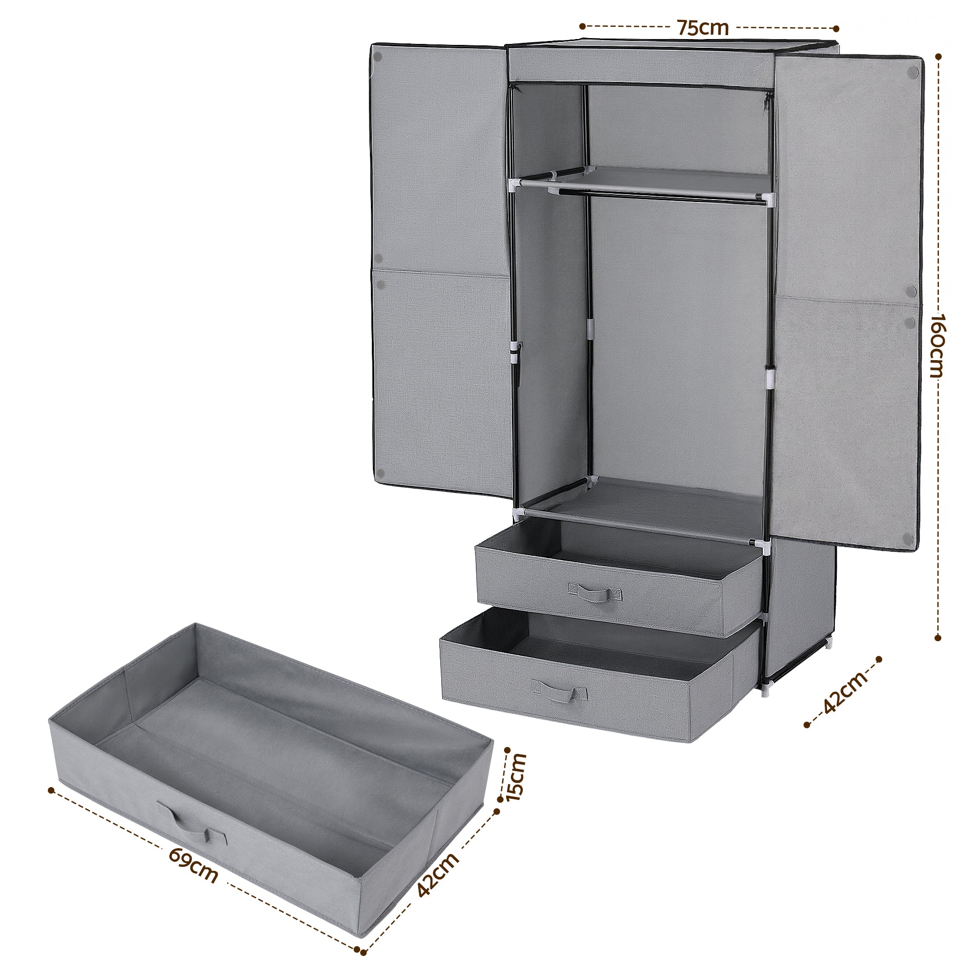 Grey portable wardrobe with open doors, top shelf, hanging space, and storage drawer