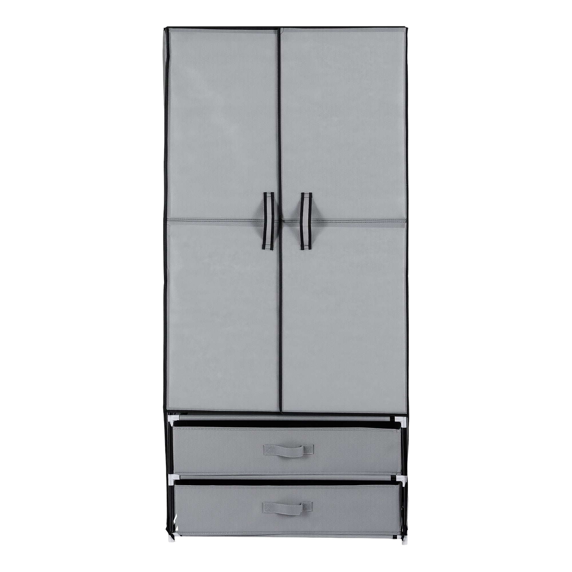 Grey two-door wardrobe with central hanging area and two stacked drawers