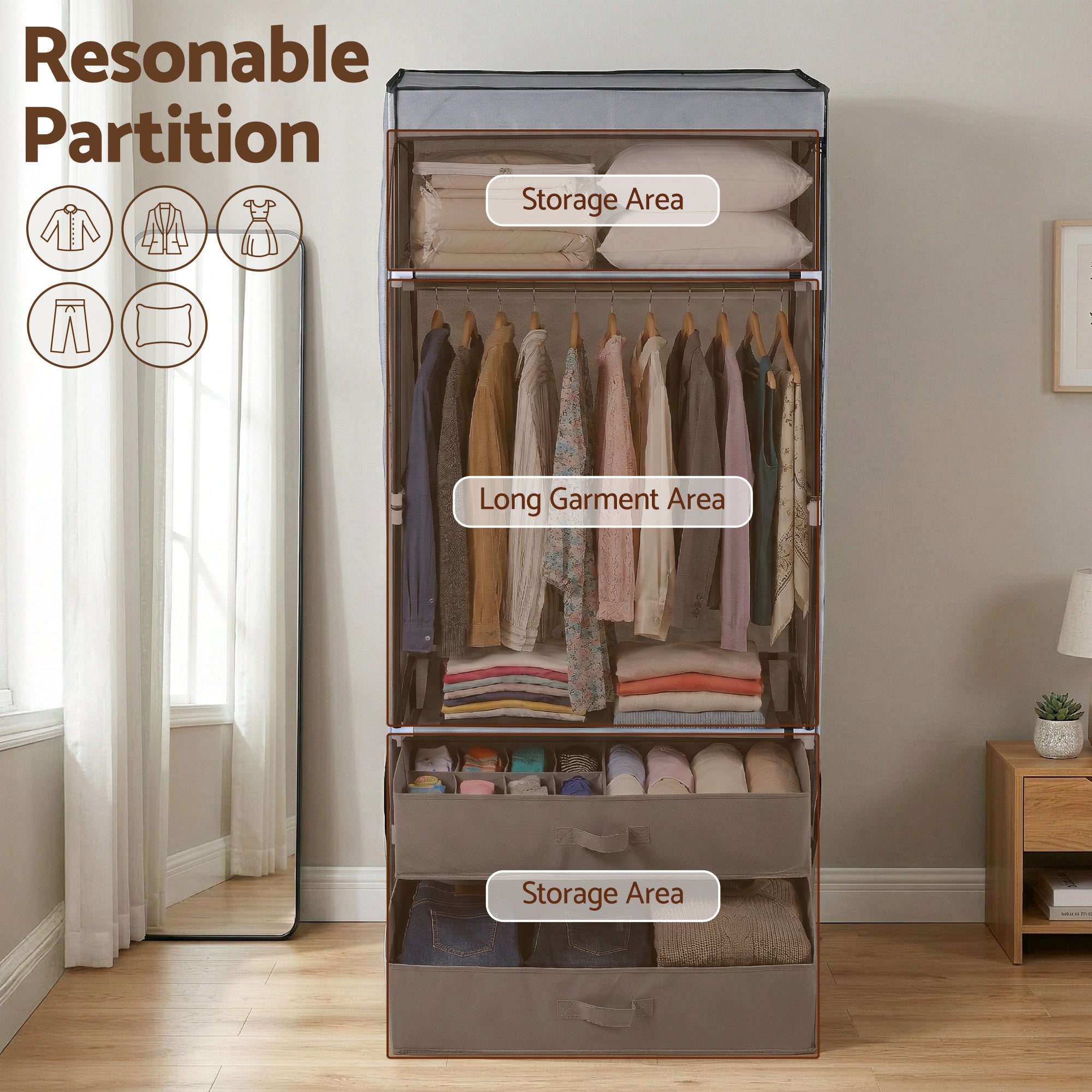 Grey portable wardrobe with open front for long garment hanging and storage drawers