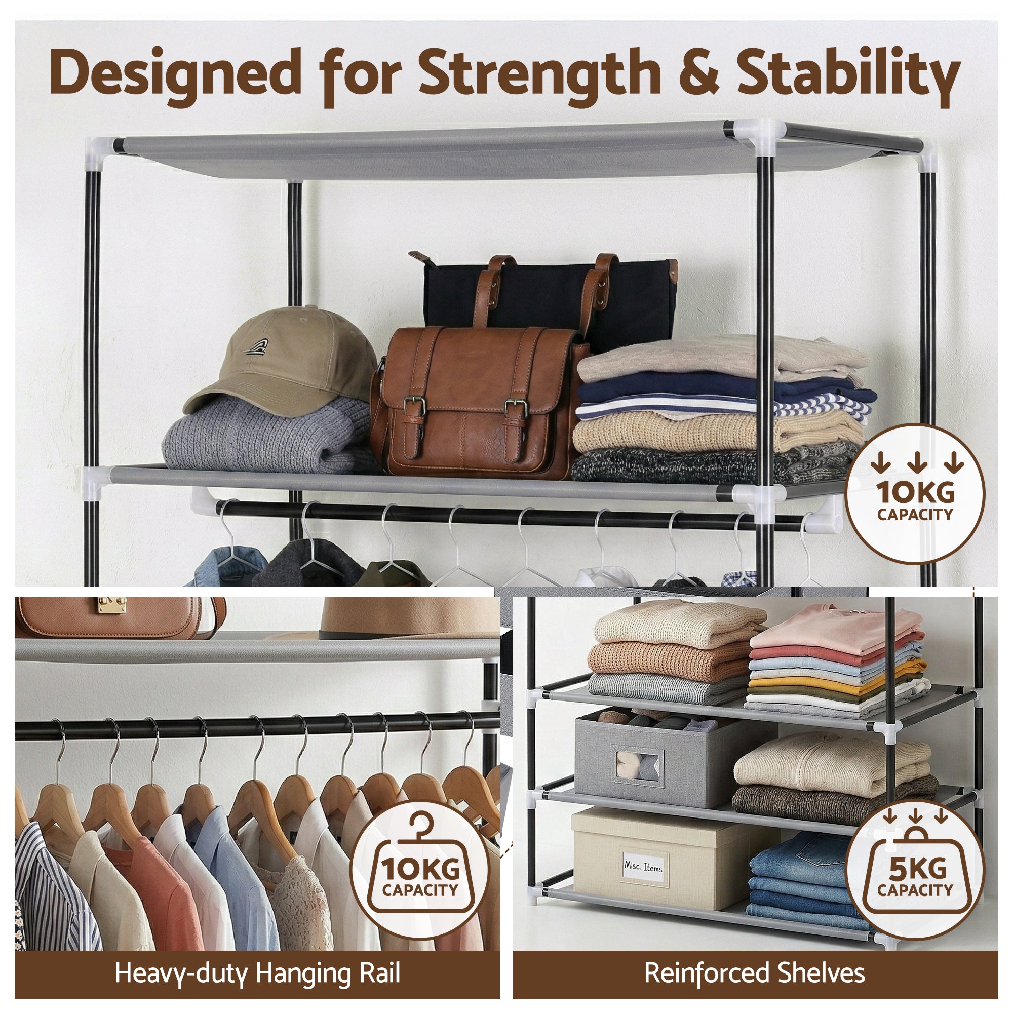 Grey portable wardrobe with reinforced frame, hanging rail, and multi-tier shelves