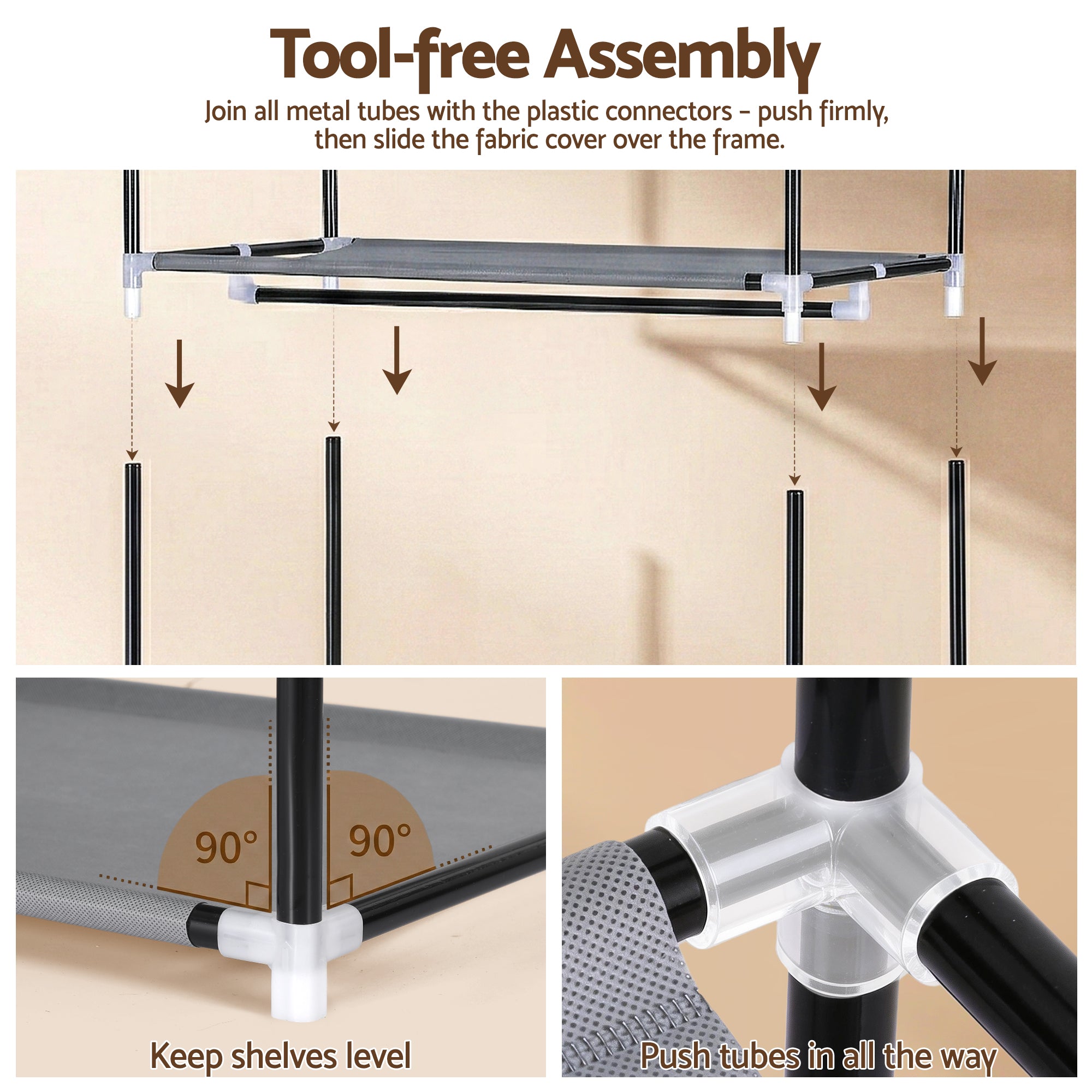 Portable wardrobe frame assembly guide with metal tubes and plastic connectors